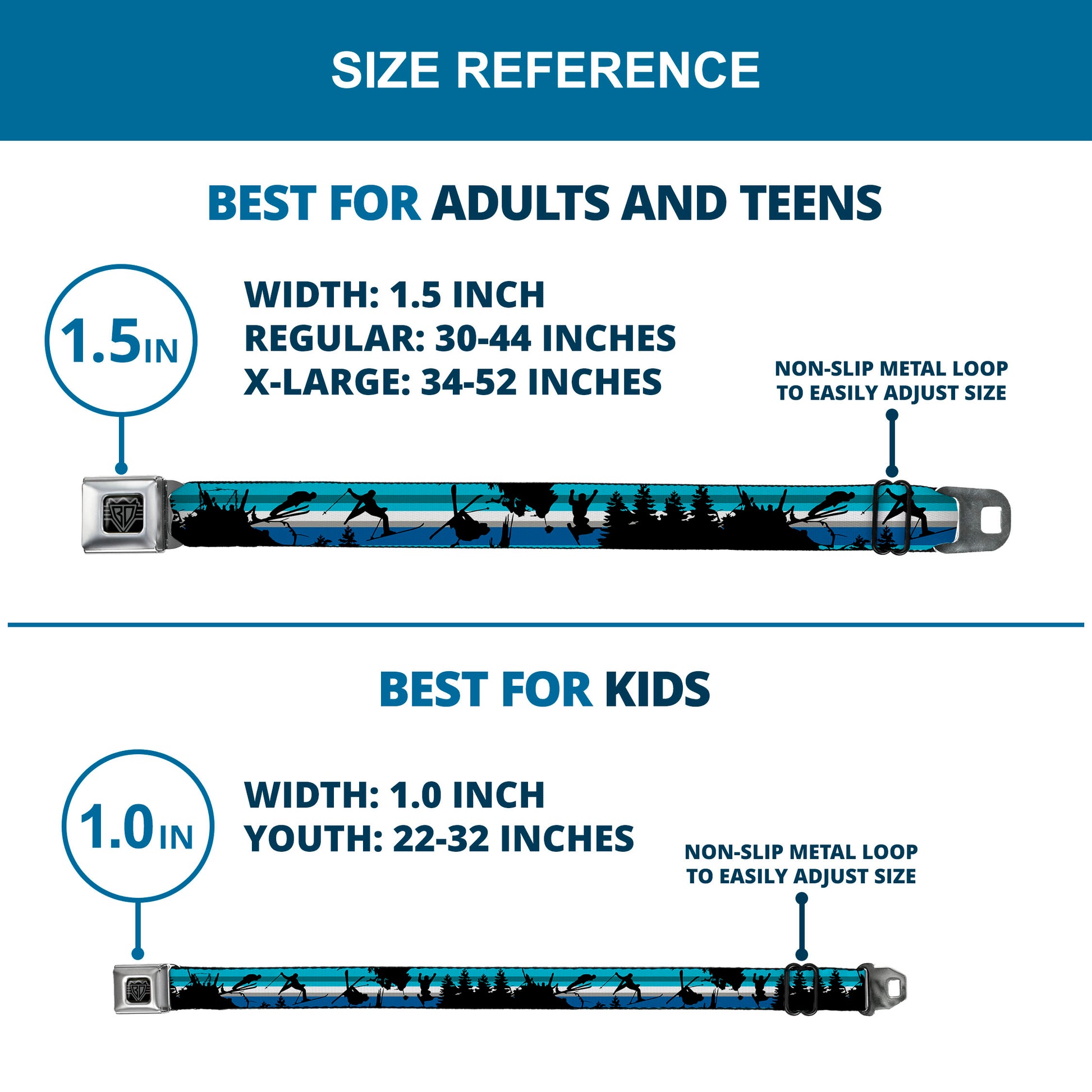 BD Wings Logo CLOSE-UP Black/Silver Seatbelt Belt - Action Ski Pose/Tree Silhouettes/Stripes Blues/Black Webbing Seatbelt Belts Buckle-Down