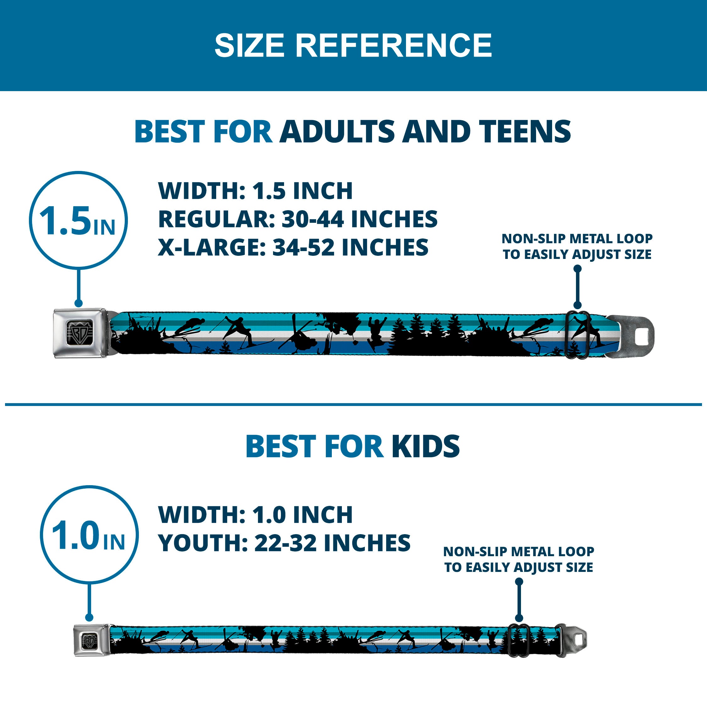 BD Wings Logo CLOSE-UP Black/Silver Seatbelt Belt - Action Ski Pose/Tree Silhouettes/Stripes Blues/Black Webbing Seatbelt Belts Buckle-Down