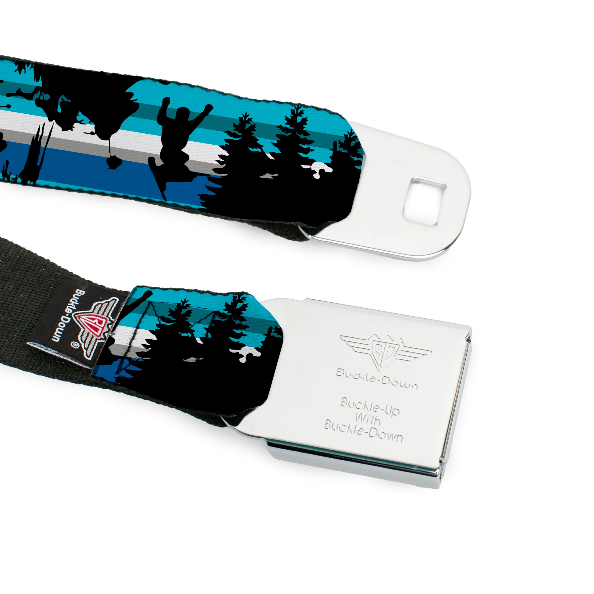 BD Wings Logo CLOSE-UP Black/Silver Seatbelt Belt - Action Ski Pose/Tree Silhouettes/Stripes Blues/Black Webbing Seatbelt Belts Buckle-Down