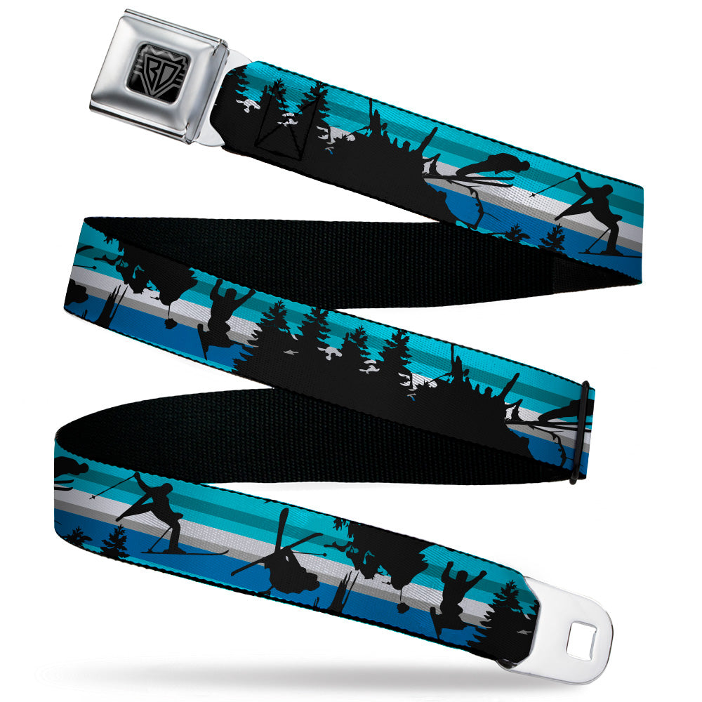 BD Wings Logo CLOSE-UP Black/Silver Seatbelt Belt - Action Ski Pose/Tree Silhouettes/Stripes Blues/Black Webbing Seatbelt Belts Buckle-Down