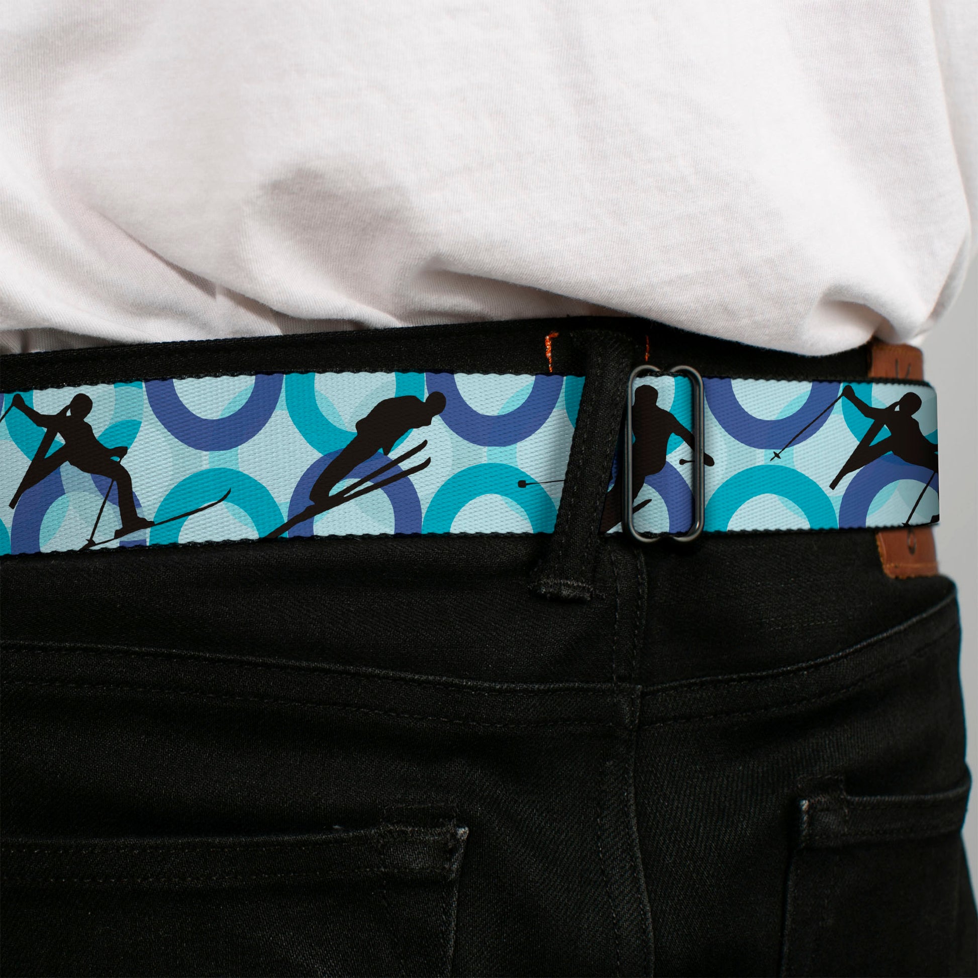 BD Wings Logo CLOSE-UP Full Color Black Silver Seatbelt Belt - Action Ski Pose Silhouettes/Rings Blues/Black Webbing Seatbelt Belts Buckle-Down