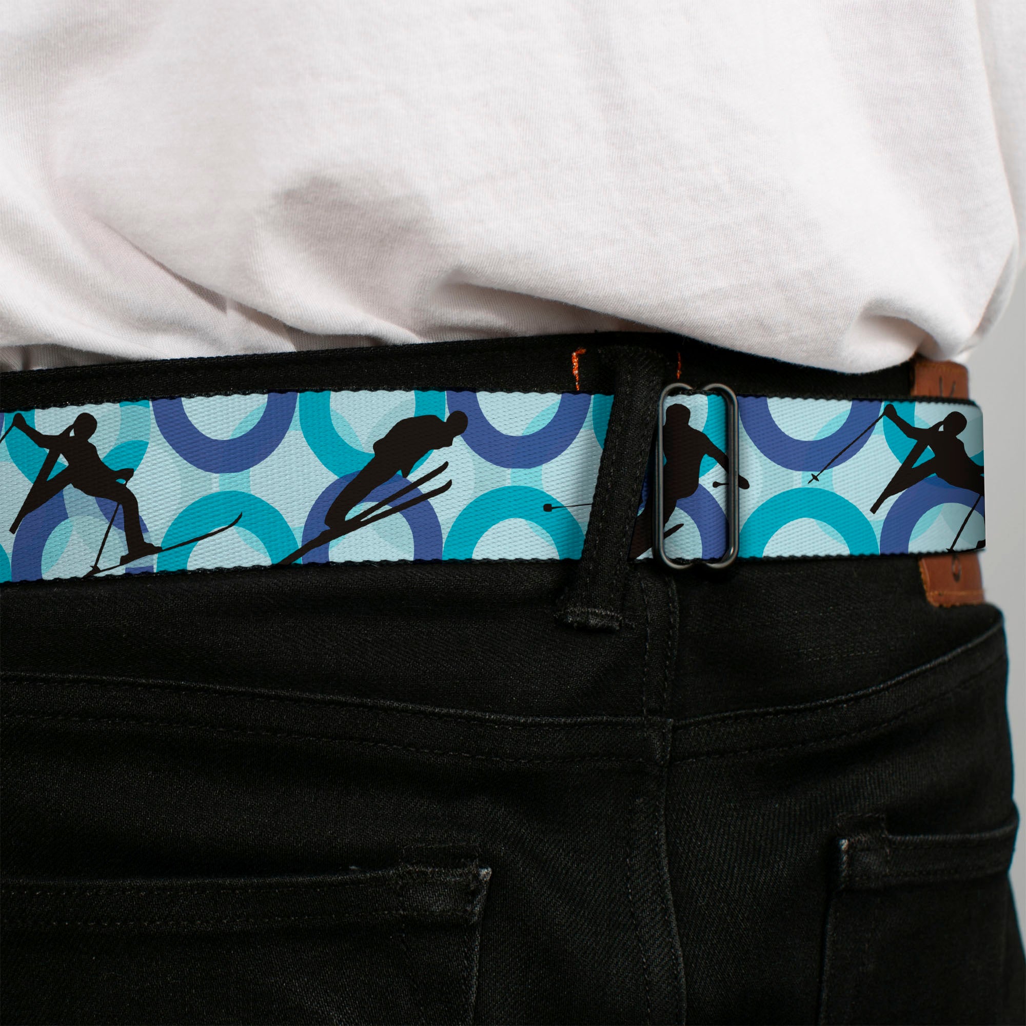 BD Wings Logo CLOSE-UP Full Color Black Silver Seatbelt Belt - Action Ski Pose Silhouettes/Rings Blues/Black Webbing Seatbelt Belts Buckle-Down