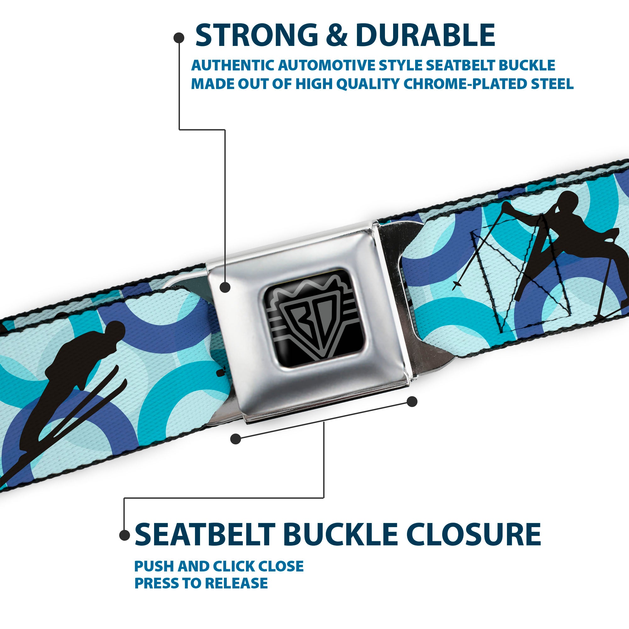 BD Wings Logo CLOSE-UP Full Color Black Silver Seatbelt Belt - Action Ski Pose Silhouettes/Rings Blues/Black Webbing Seatbelt Belts Buckle-Down