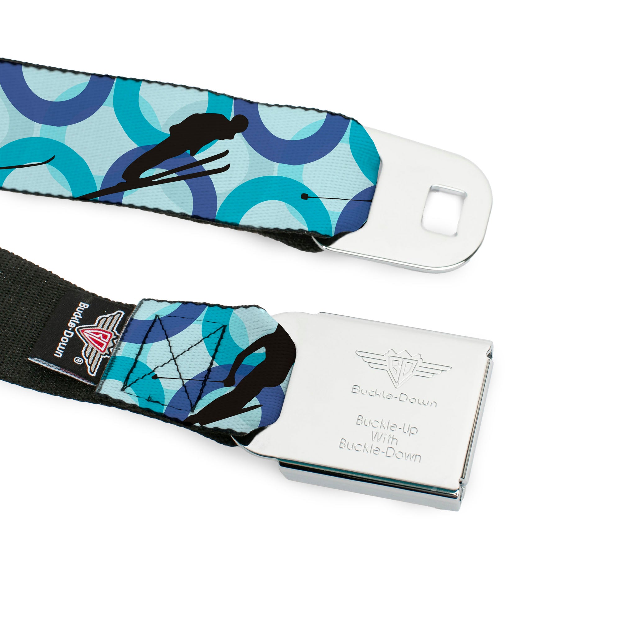 BD Wings Logo CLOSE-UP Full Color Black Silver Seatbelt Belt - Action Ski Pose Silhouettes/Rings Blues/Black Webbing Seatbelt Belts Buckle-Down