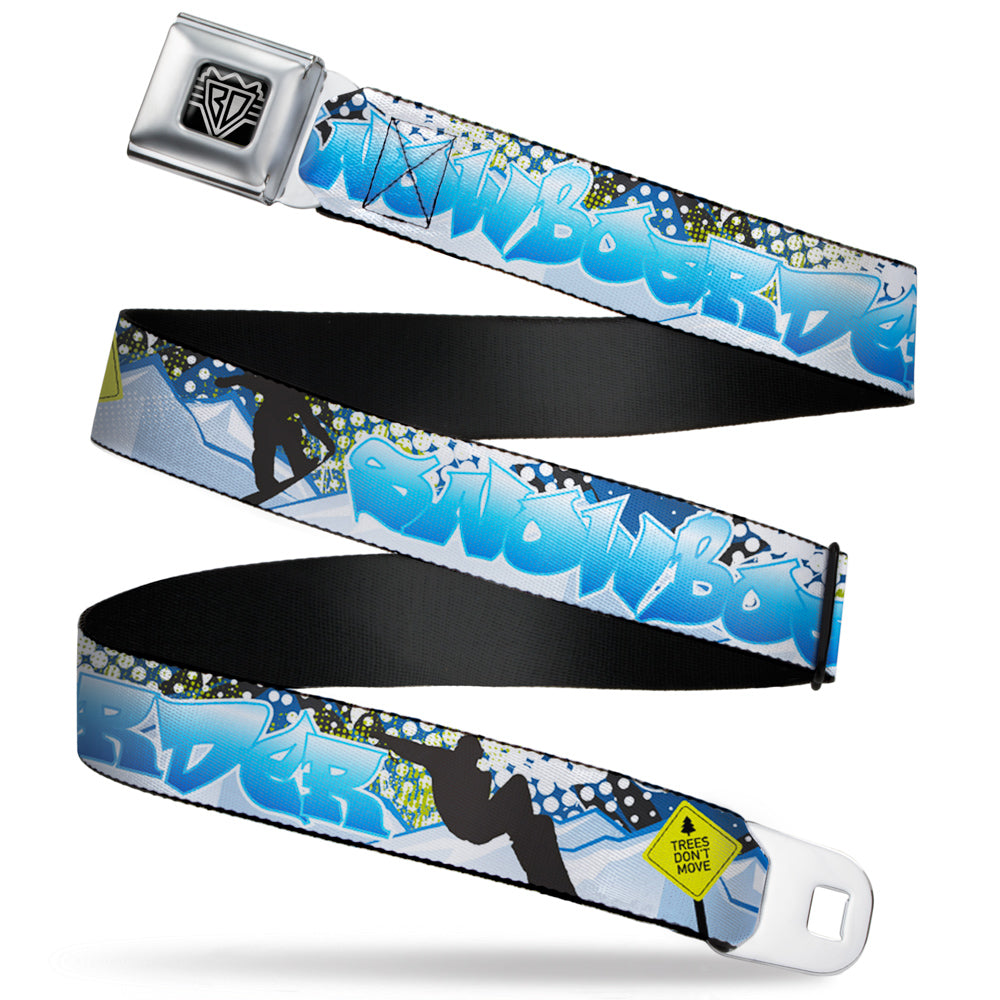 BD Wings Logo CLOSE-UP Full Color Black Silver Seatbelt Belt - Action Snowboard Pose Silhouettes/Tag/Mountains Blues/White/Black Webbing Seatbelt Belts Buckle-Down