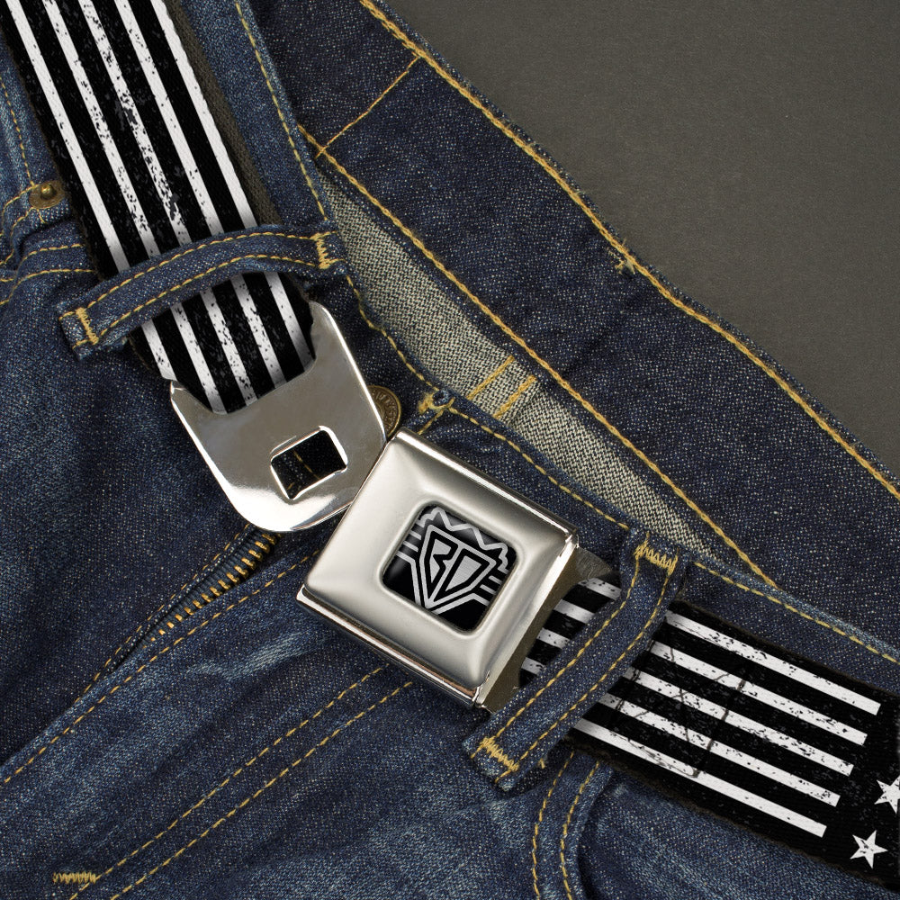 BD Wings Logo CLOSE-UP Full Color Black Silver Seatbelt Belt - Americana Stars & Stripes2 Weathered Black/White Webbing Seatbelt Belts Buckle-Down