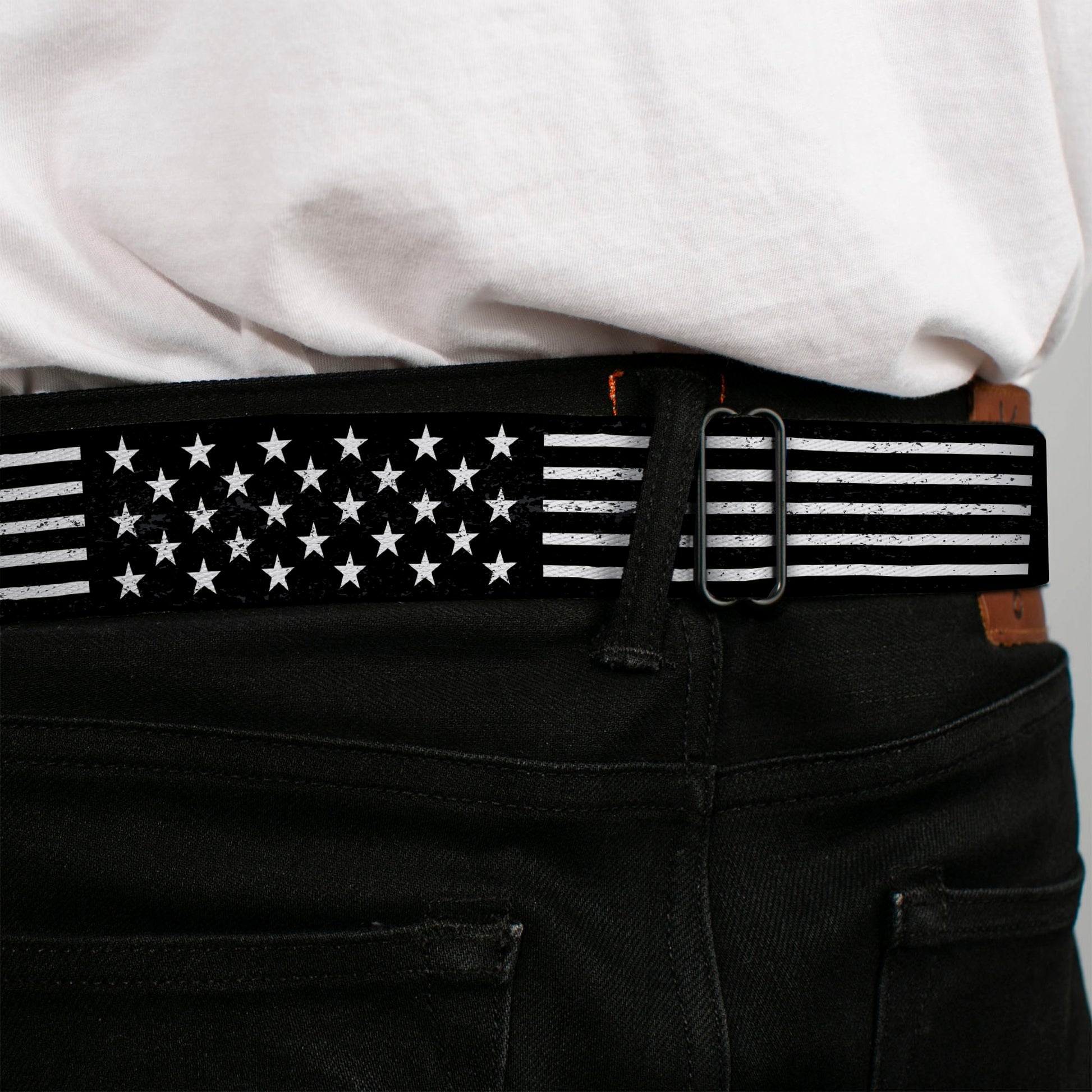 BD Wings Logo CLOSE-UP Full Color Black Silver Seatbelt Belt - Americana Stars & Stripes2 Weathered Black/White Webbing Seatbelt Belts Buckle-Down