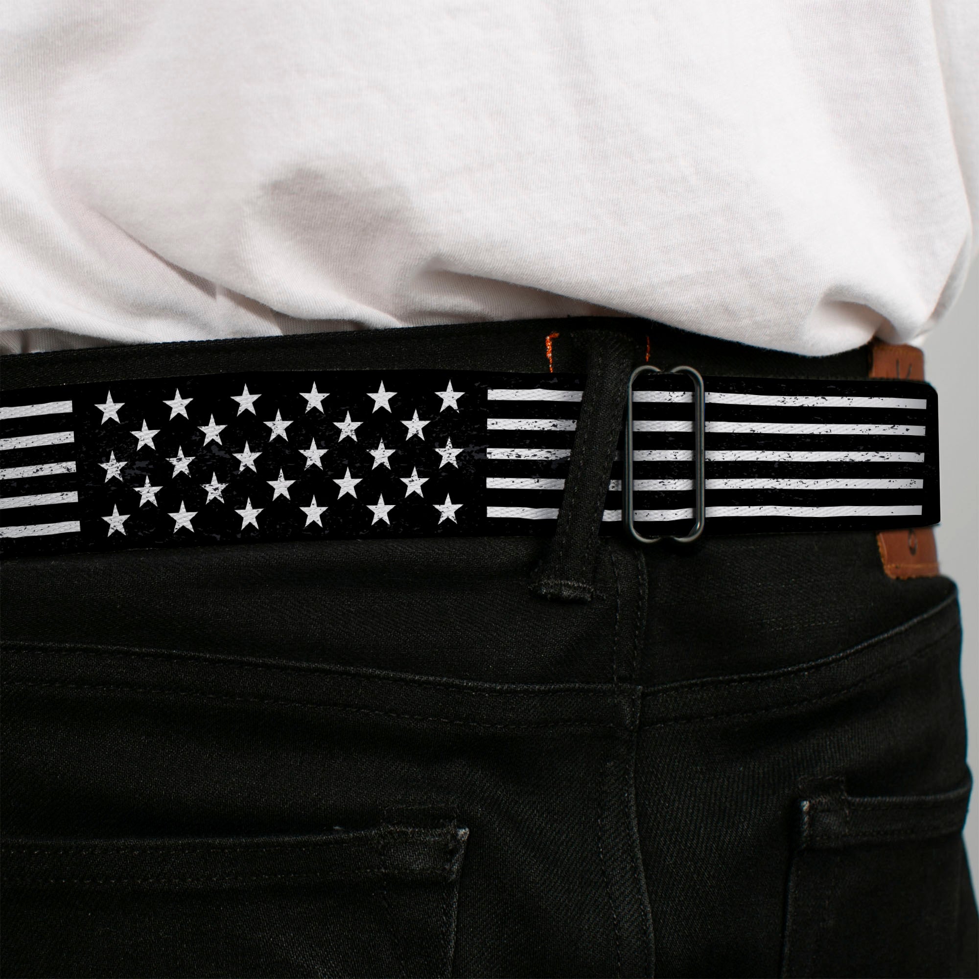 BD Wings Logo CLOSE-UP Full Color Black Silver Seatbelt Belt - Americana Stars & Stripes2 Weathered Black/White Webbing Seatbelt Belts Buckle-Down