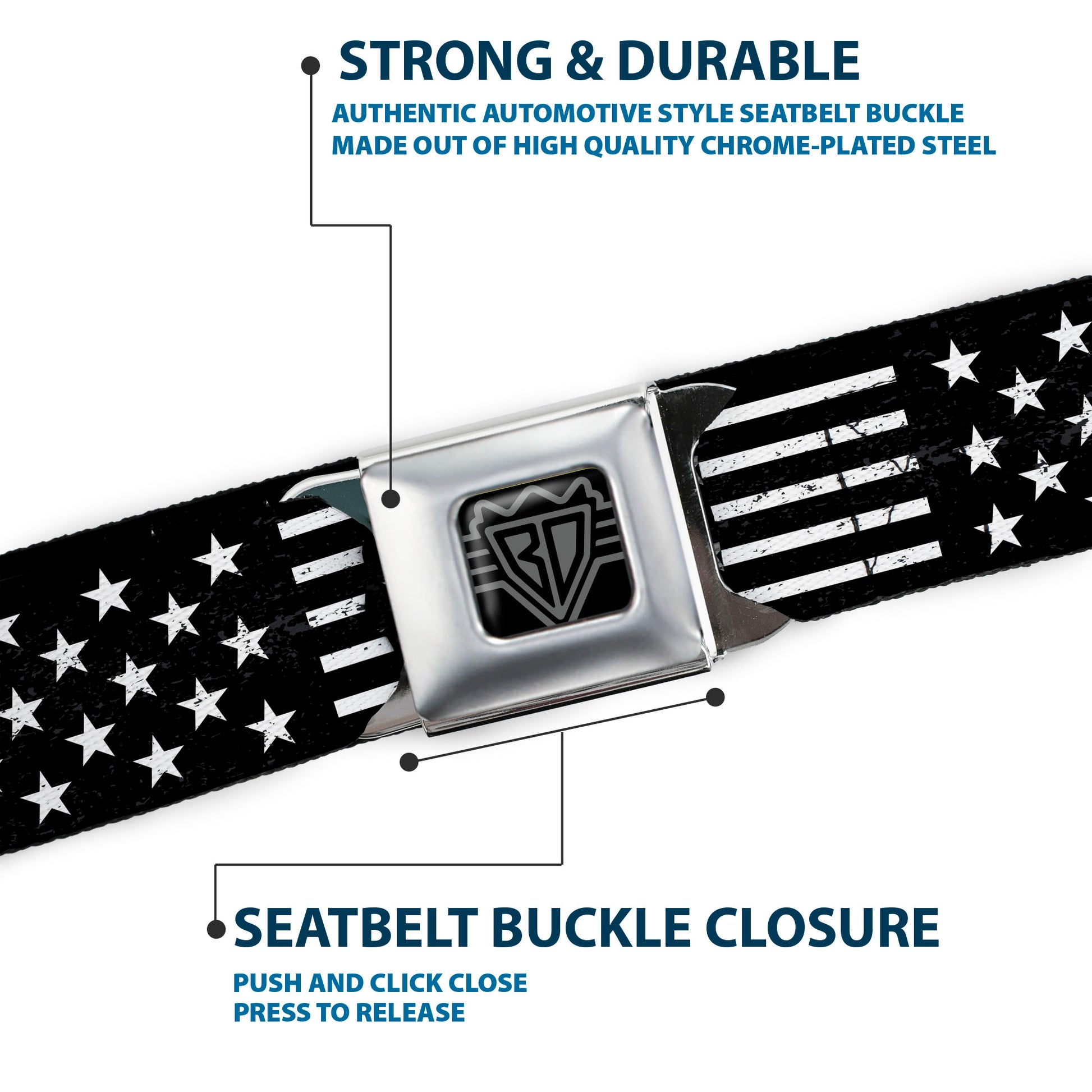 BD Wings Logo CLOSE-UP Full Color Black Silver Seatbelt Belt - Americana Stars & Stripes2 Weathered Black/White Webbing Seatbelt Belts Buckle-Down