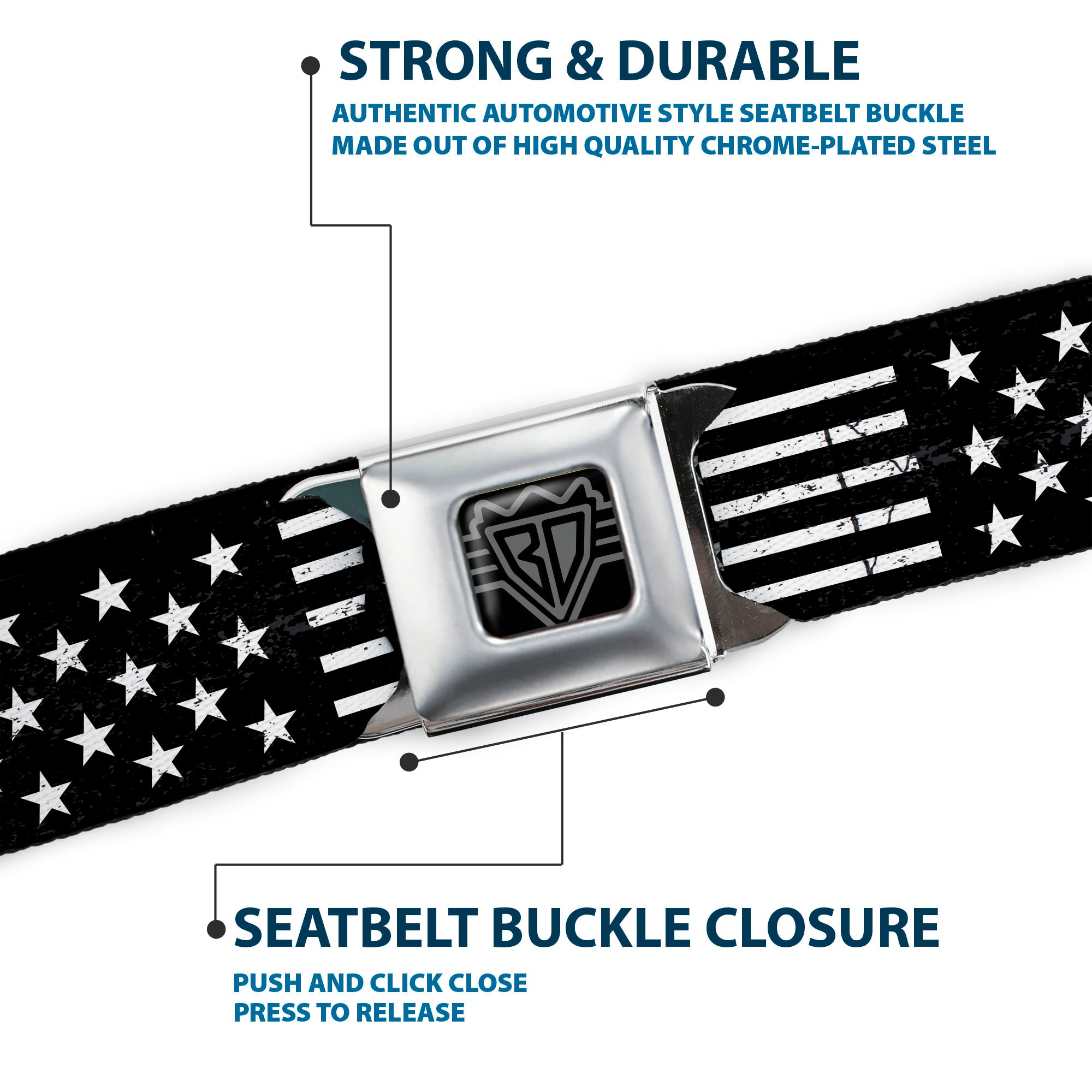 BD Wings Logo CLOSE-UP Full Color Black Silver Seatbelt Belt - Americana Stars & Stripes2 Weathered Black/White Webbing Seatbelt Belts Buckle-Down