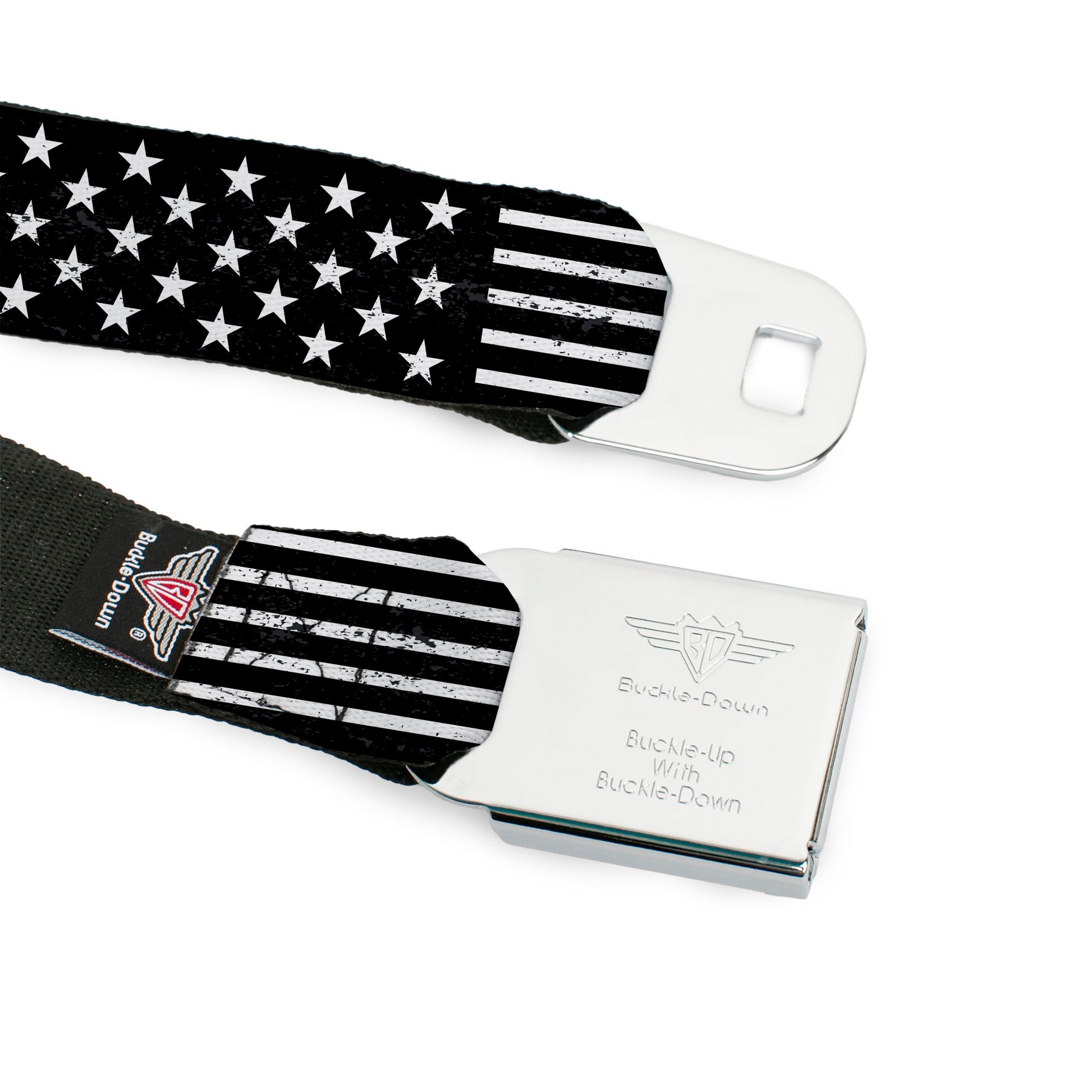 BD Wings Logo CLOSE-UP Full Color Black Silver Seatbelt Belt - Americana Stars & Stripes2 Weathered Black/White Webbing Seatbelt Belts Buckle-Down