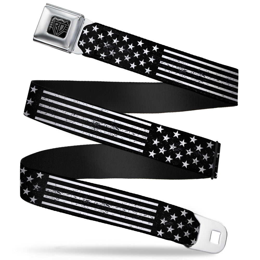 BD Wings Logo CLOSE-UP Full Color Black Silver Seatbelt Belt - Americana Stars & Stripes2 Weathered Black/White Webbing Seatbelt Belts Buckle-Down