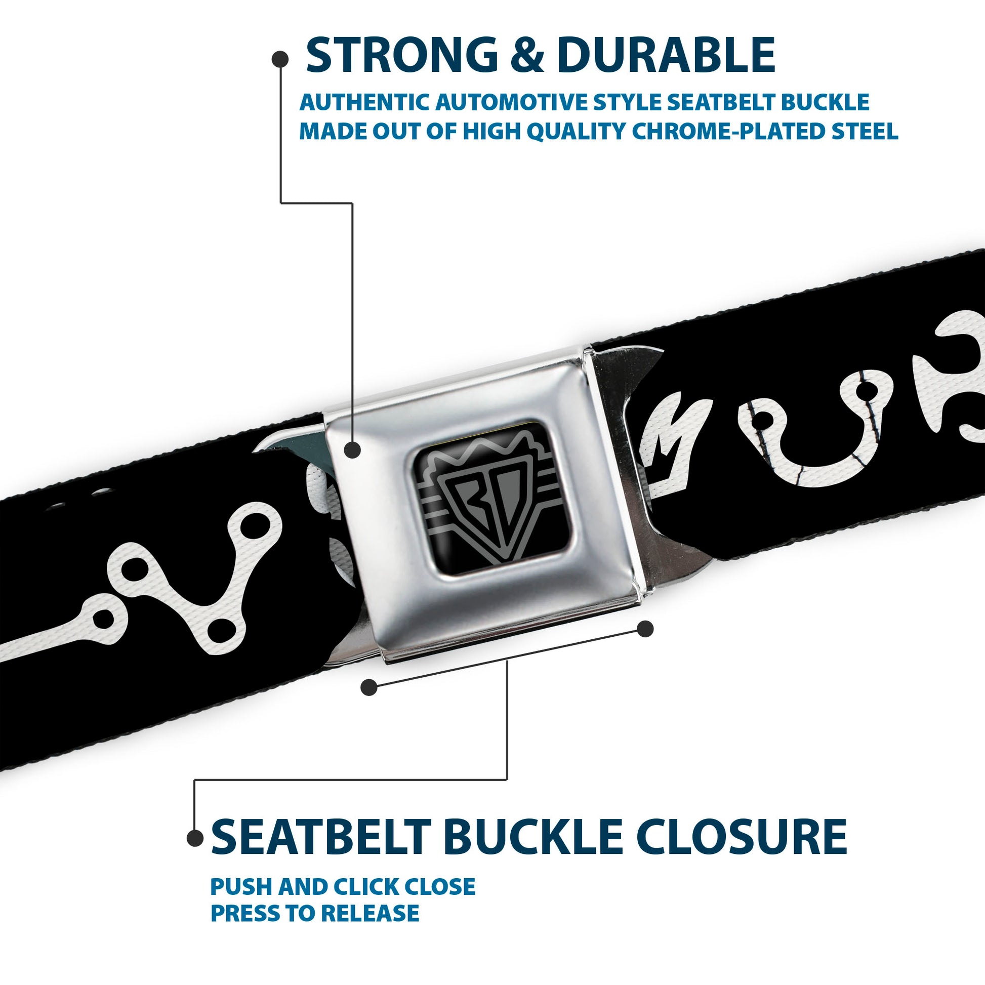 BD Wings Logo CLOSE-UP Full Color Black Silver Seatbelt Belt - Alchemy Symbols Black/White Webbing Seatbelt Belts Buckle-Down