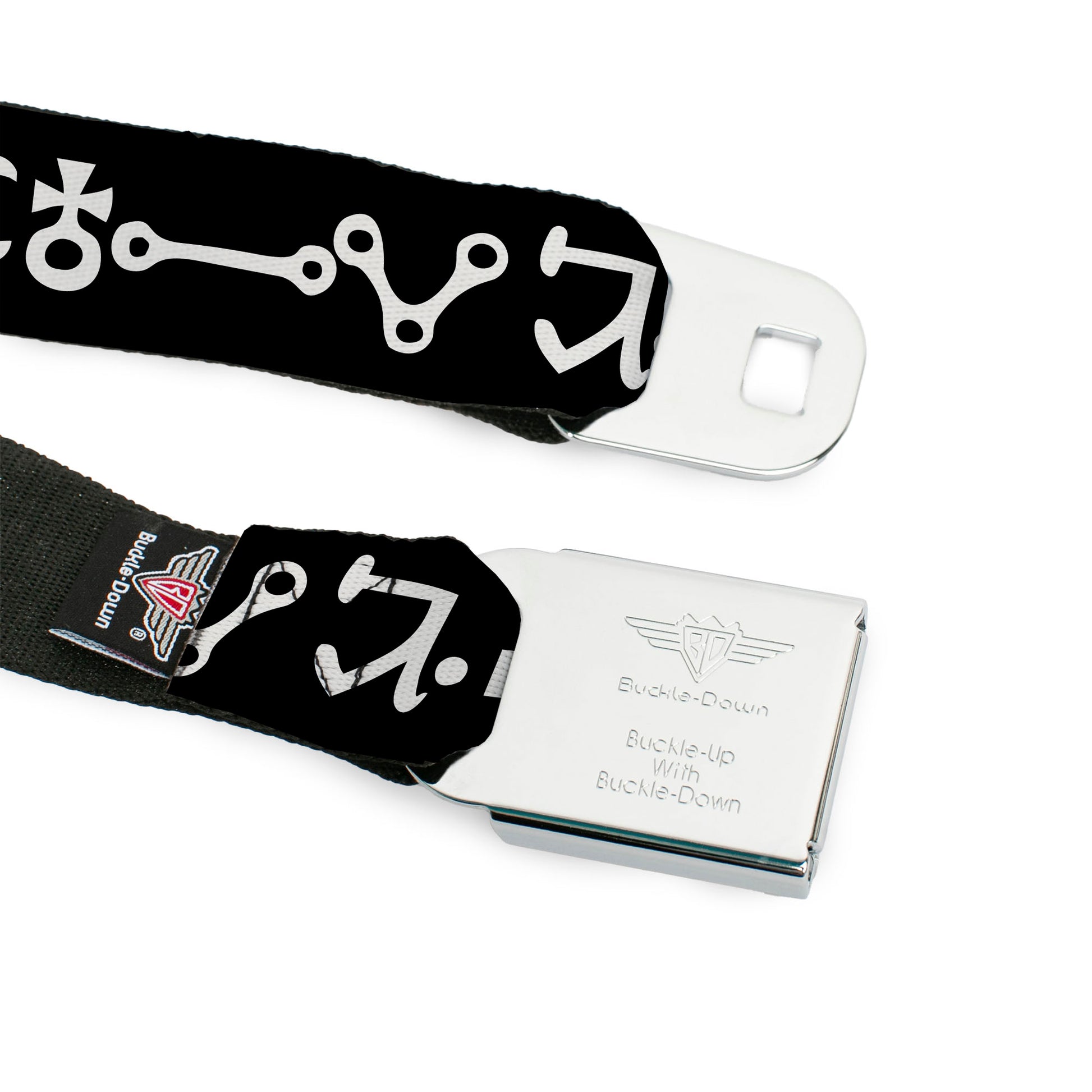 BD Wings Logo CLOSE-UP Full Color Black Silver Seatbelt Belt - Alchemy Symbols Black/White Webbing Seatbelt Belts Buckle-Down