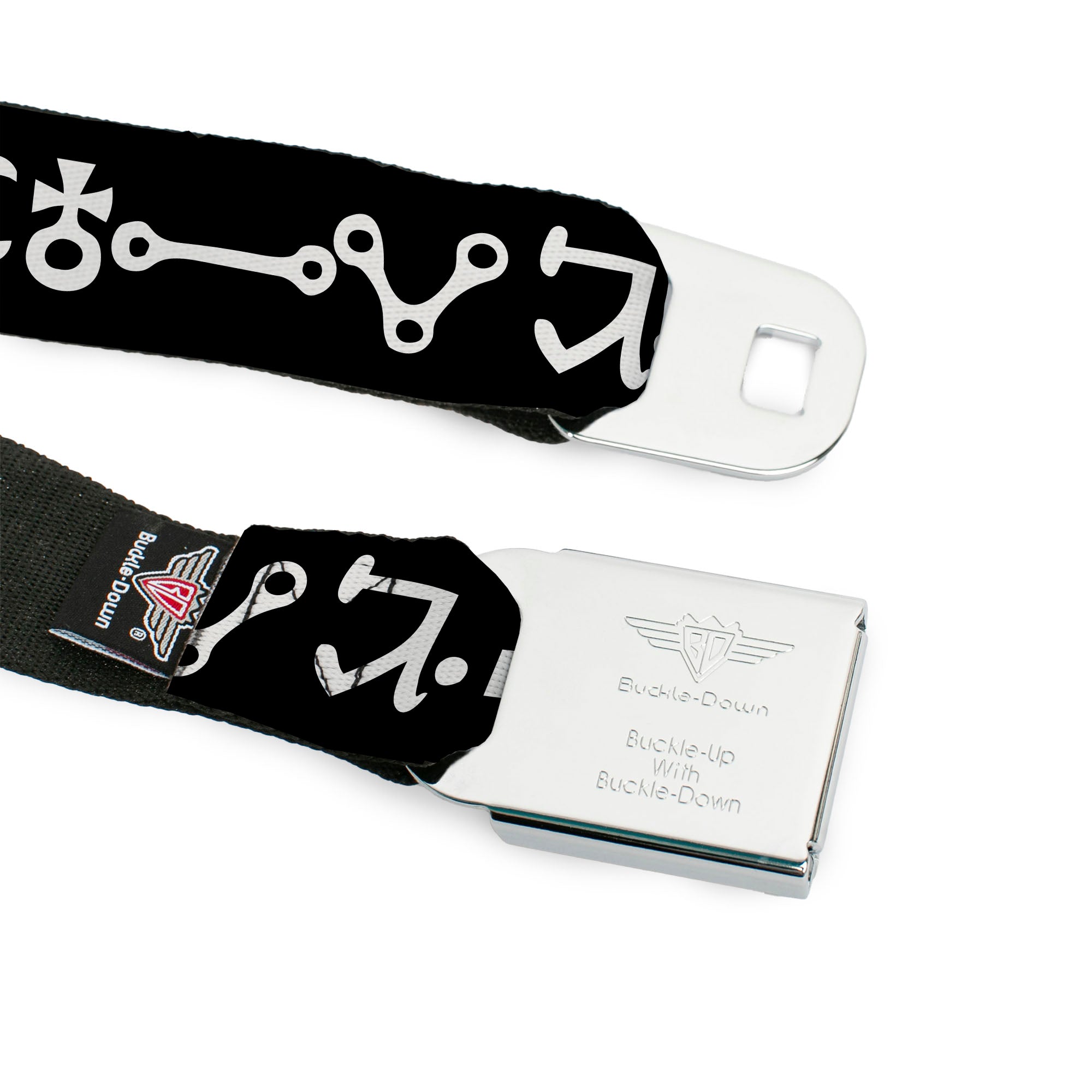 BD Wings Logo CLOSE-UP Full Color Black Silver Seatbelt Belt - Alchemy Symbols Black/White Webbing Seatbelt Belts Buckle-Down