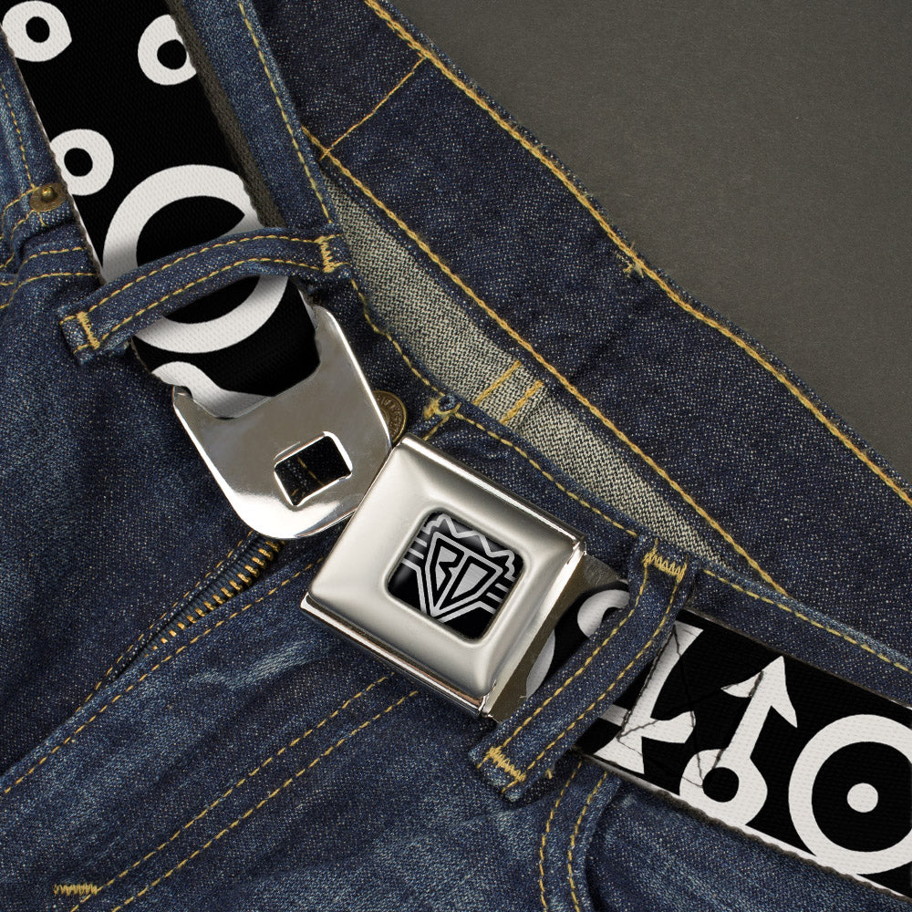 BD Wings Logo CLOSE-UP Full Color Black Silver Seatbelt Belt - Alchemy Symbols CLOSE-UP Black/White Webbing Seatbelt Belts Buckle-Down