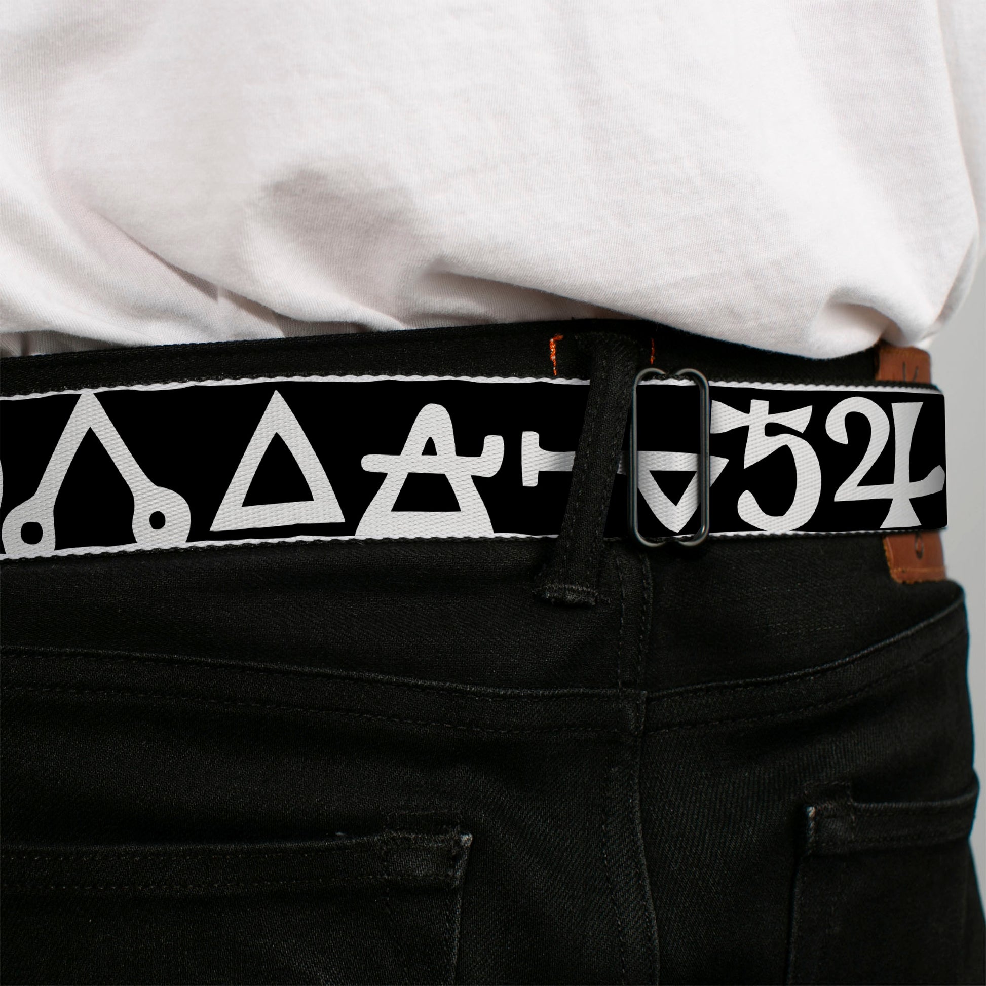 BD Wings Logo CLOSE-UP Full Color Black Silver Seatbelt Belt - Alchemy Symbols CLOSE-UP Black/White Webbing Seatbelt Belts Buckle-Down