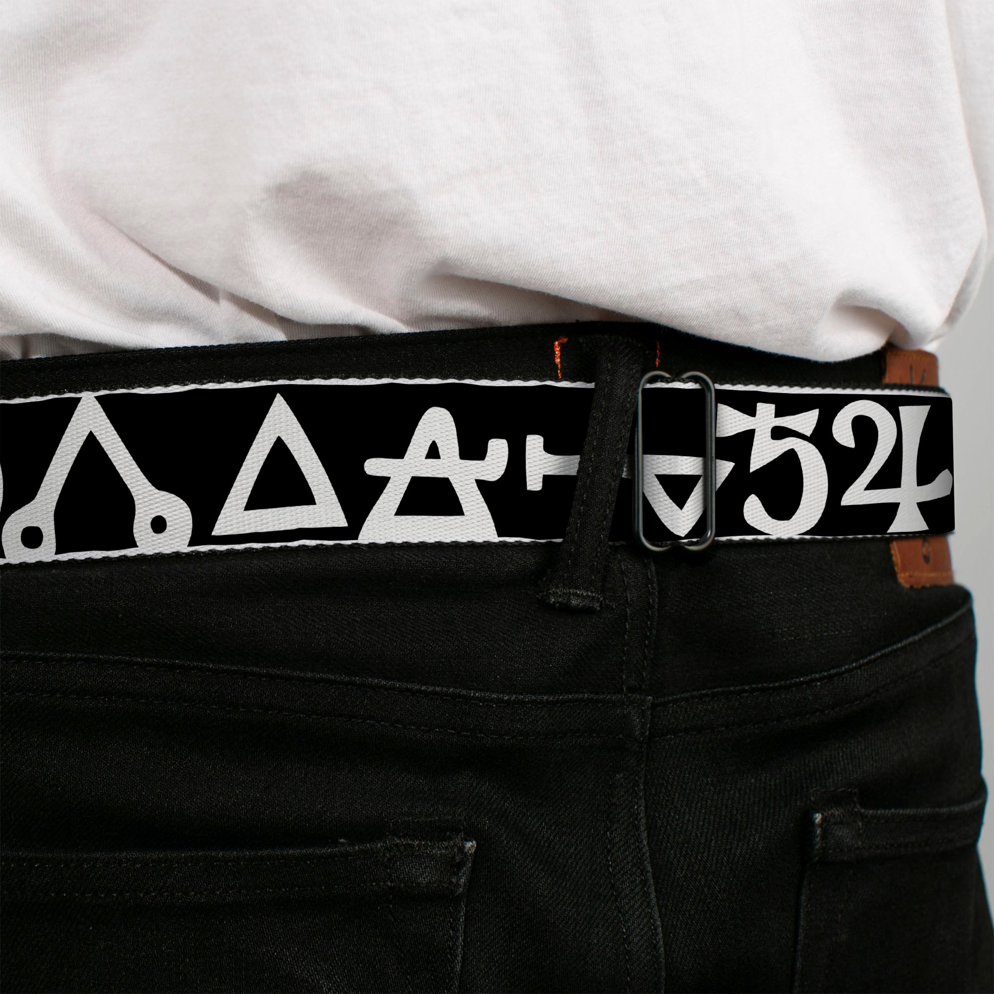 BD Wings Logo CLOSE-UP Full Color Black Silver Seatbelt Belt - Alchemy Symbols CLOSE-UP Black/White Webbing Seatbelt Belts Buckle-Down