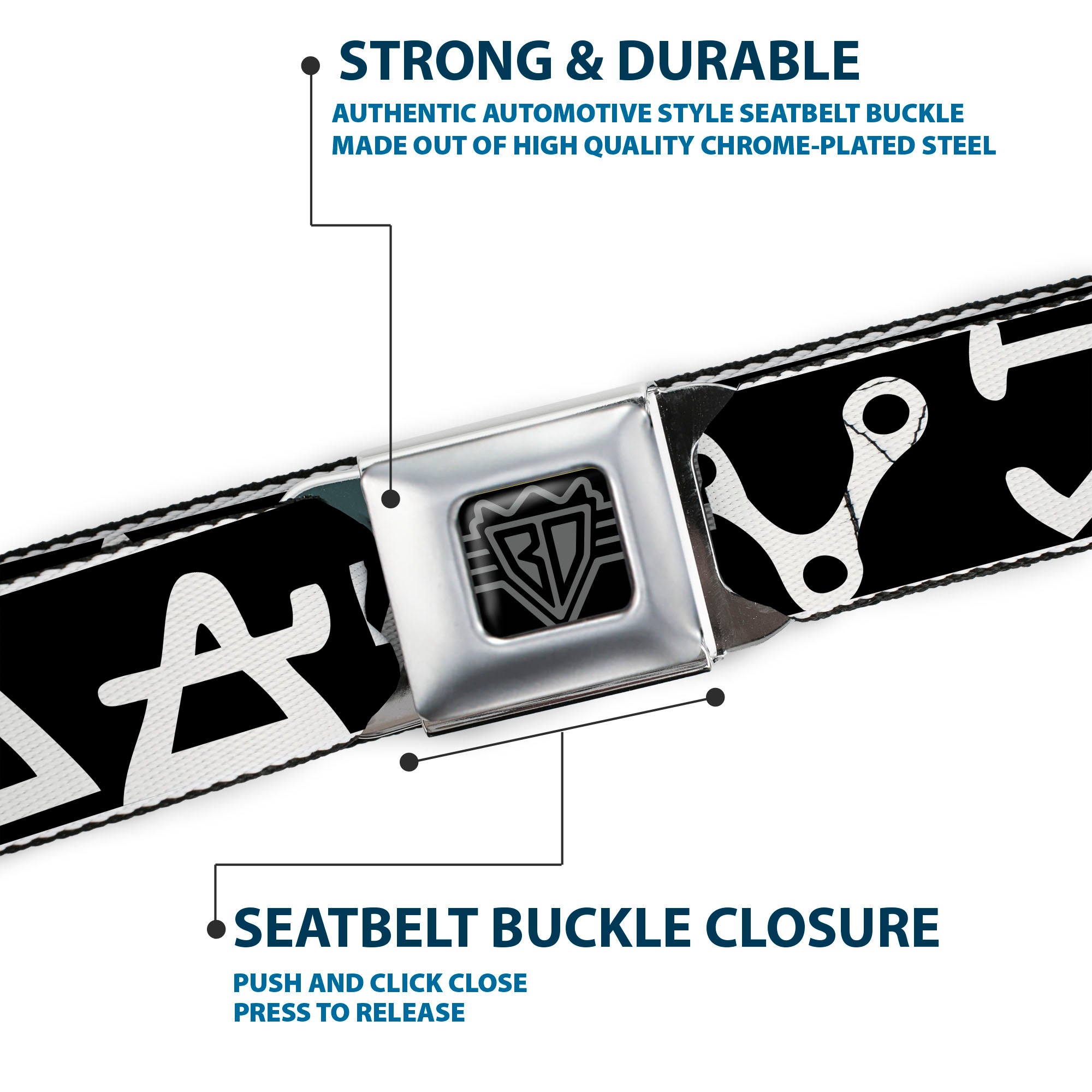 BD Wings Logo CLOSE-UP Full Color Black Silver Seatbelt Belt - Alchemy Symbols CLOSE-UP Black/White Webbing Seatbelt Belts Buckle-Down