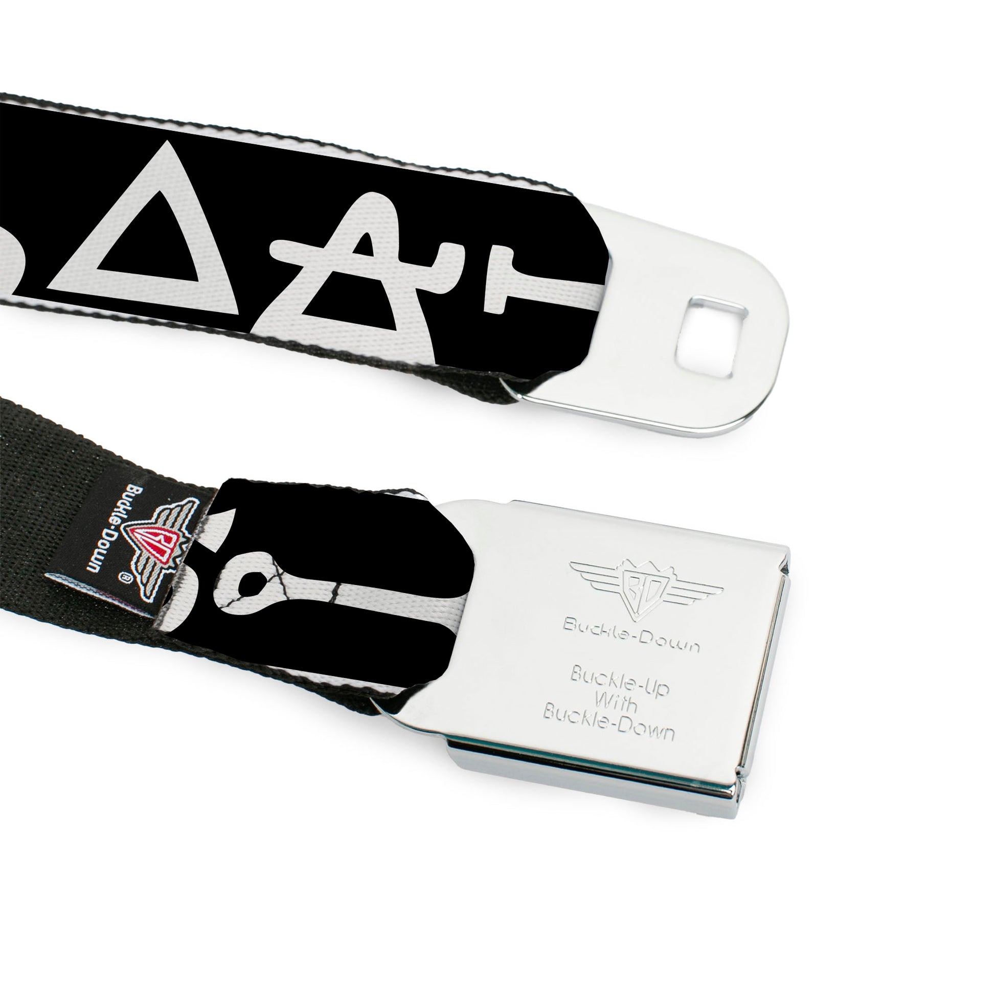 BD Wings Logo CLOSE-UP Full Color Black Silver Seatbelt Belt - Alchemy Symbols CLOSE-UP Black/White Webbing Seatbelt Belts Buckle-Down