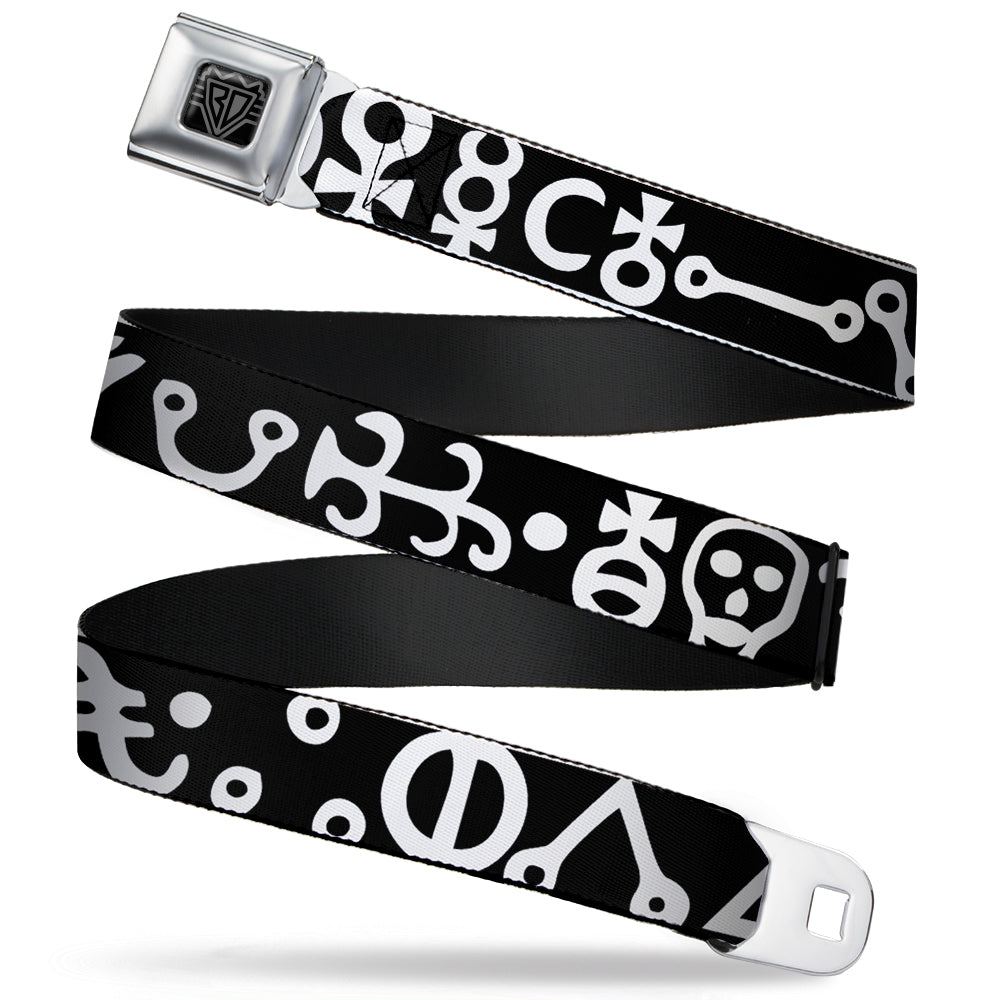 BD Wings Logo CLOSE-UP Full Color Black Silver Seatbelt Belt - Alchemy Symbols CLOSE-UP Black/White Webbing Seatbelt Belts Buckle-Down