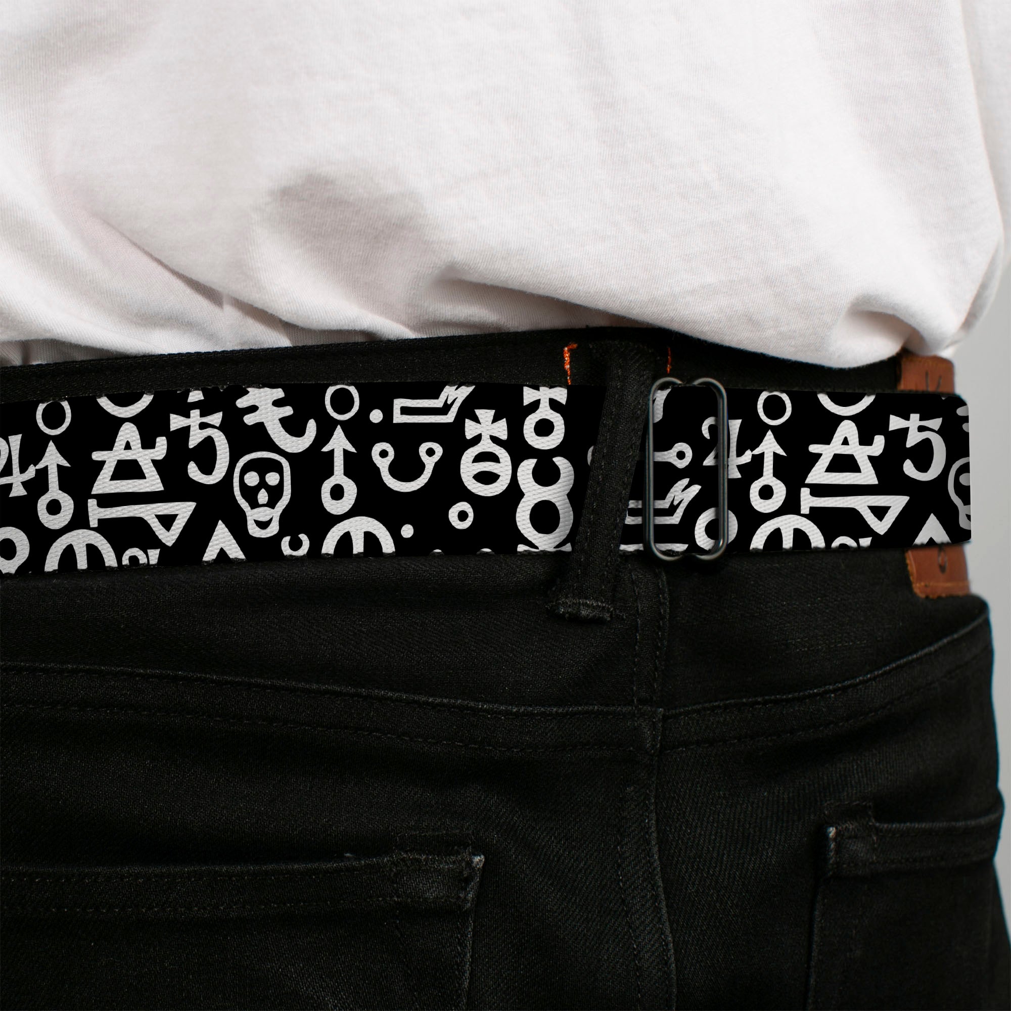 BD Wings Logo CLOSE-UP Full Color Black Silver Seatbelt Belt - Alchemy Symbols Scattered Black/White Webbing Seatbelt Belts Buckle-Down