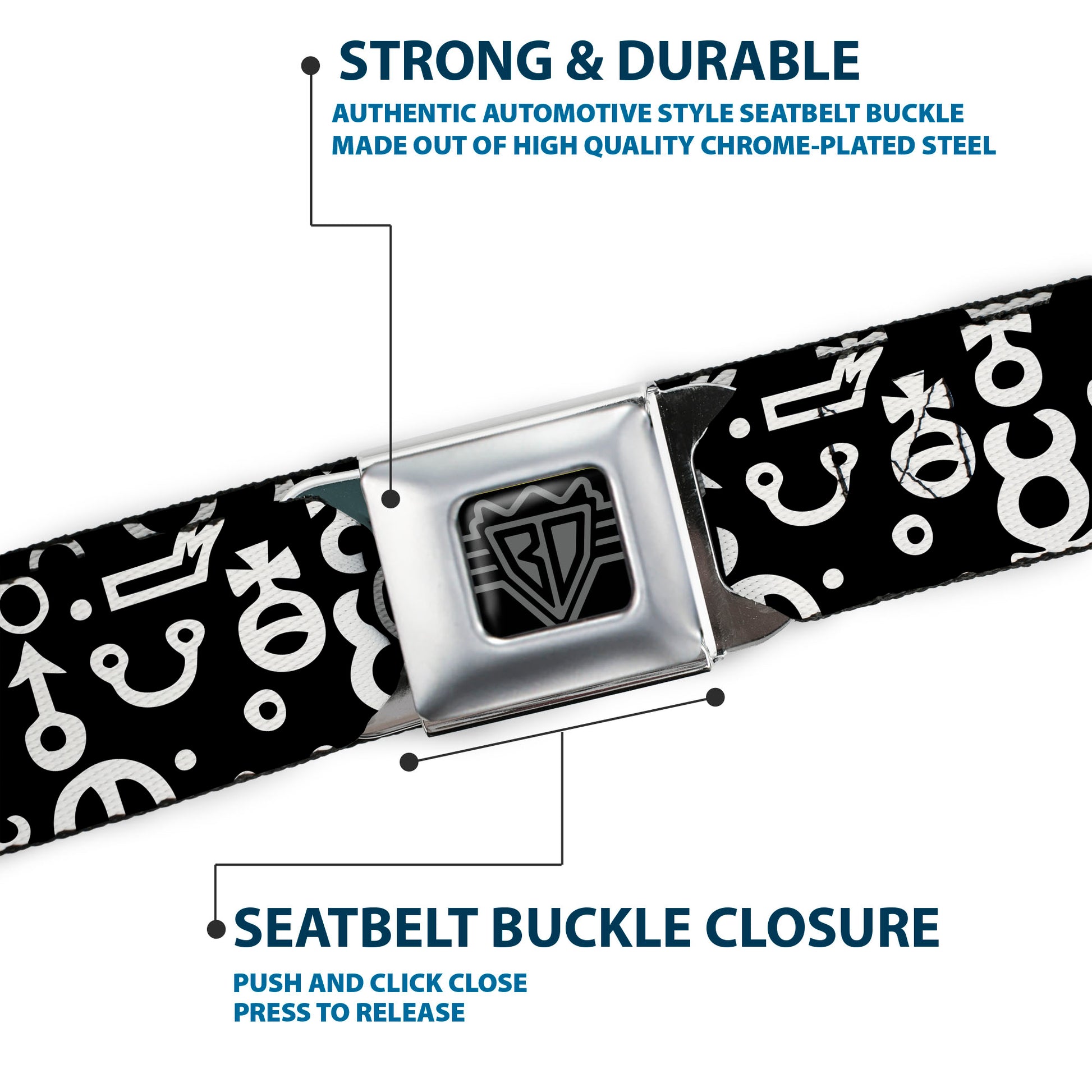 BD Wings Logo CLOSE-UP Full Color Black Silver Seatbelt Belt - Alchemy Symbols Scattered Black/White Webbing Seatbelt Belts Buckle-Down