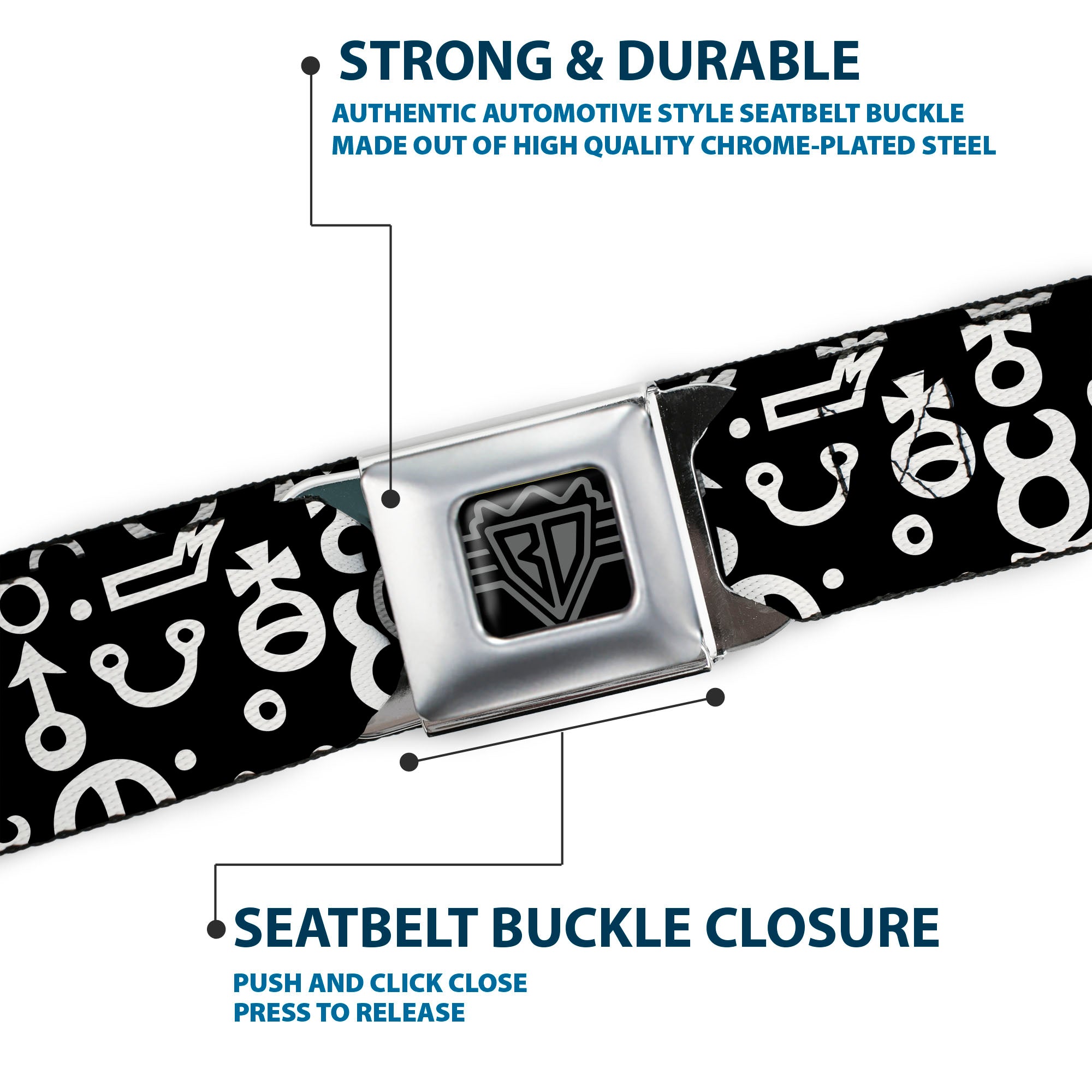 BD Wings Logo CLOSE-UP Full Color Black Silver Seatbelt Belt - Alchemy Symbols Scattered Black/White Webbing Seatbelt Belts Buckle-Down