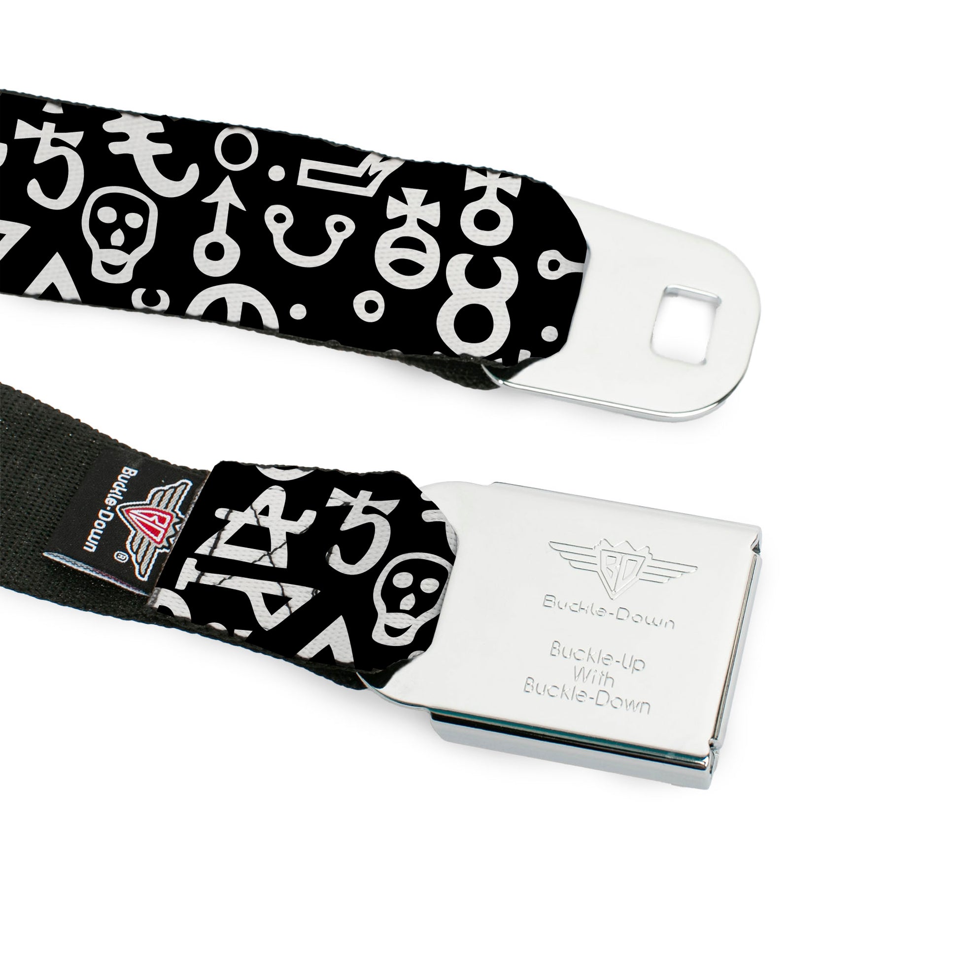 BD Wings Logo CLOSE-UP Full Color Black Silver Seatbelt Belt - Alchemy Symbols Scattered Black/White Webbing Seatbelt Belts Buckle-Down