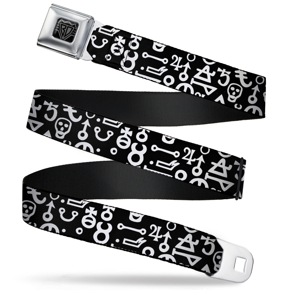 BD Wings Logo CLOSE-UP Full Color Black Silver Seatbelt Belt - Alchemy Symbols Scattered Black/White Webbing Seatbelt Belts Buckle-Down