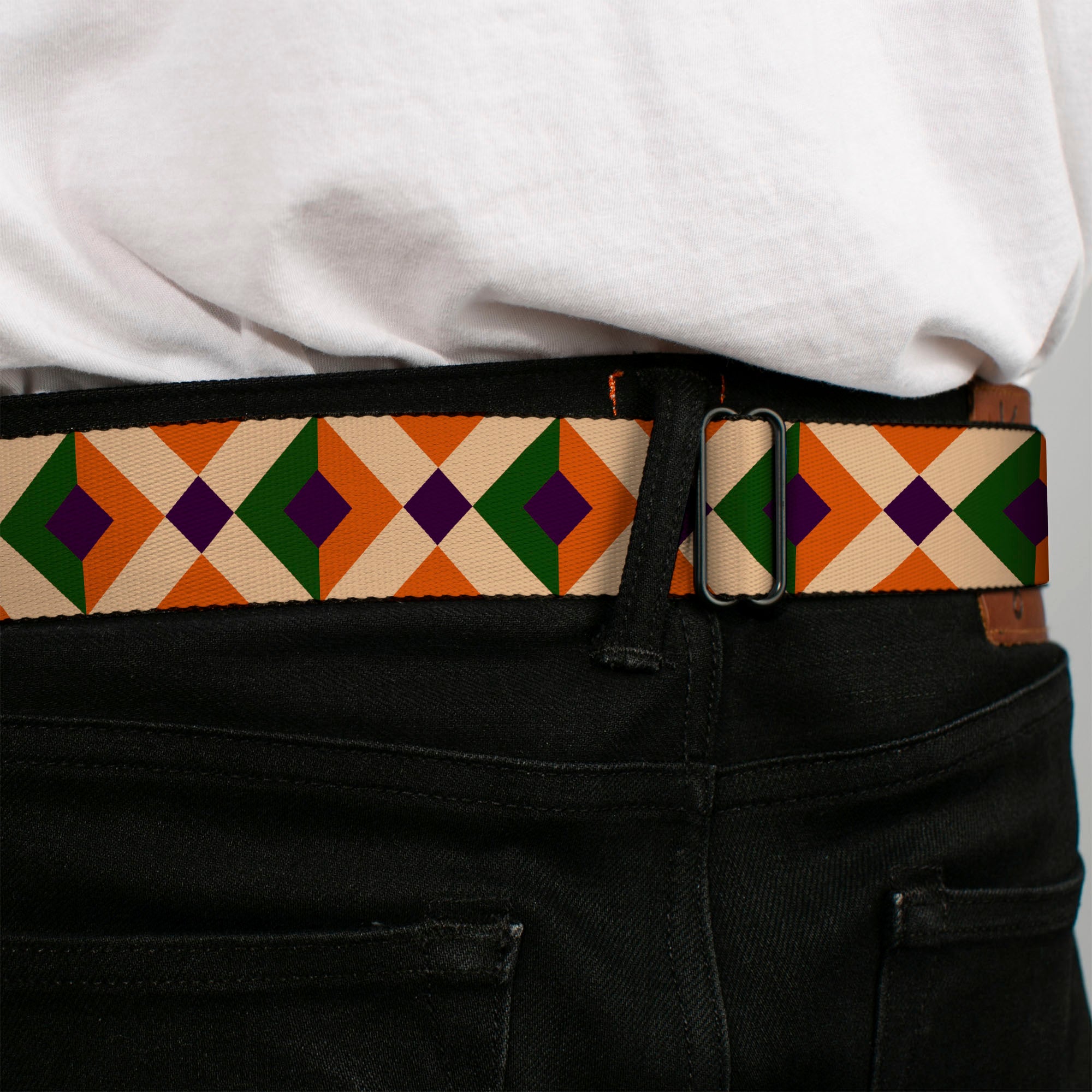 BD Wings Logo CLOSE-UP Full Color Black Silver Seatbelt Belt - Aztec16 Oranges/Green/Purple Webbing Seatbelt Belts Buckle-Down