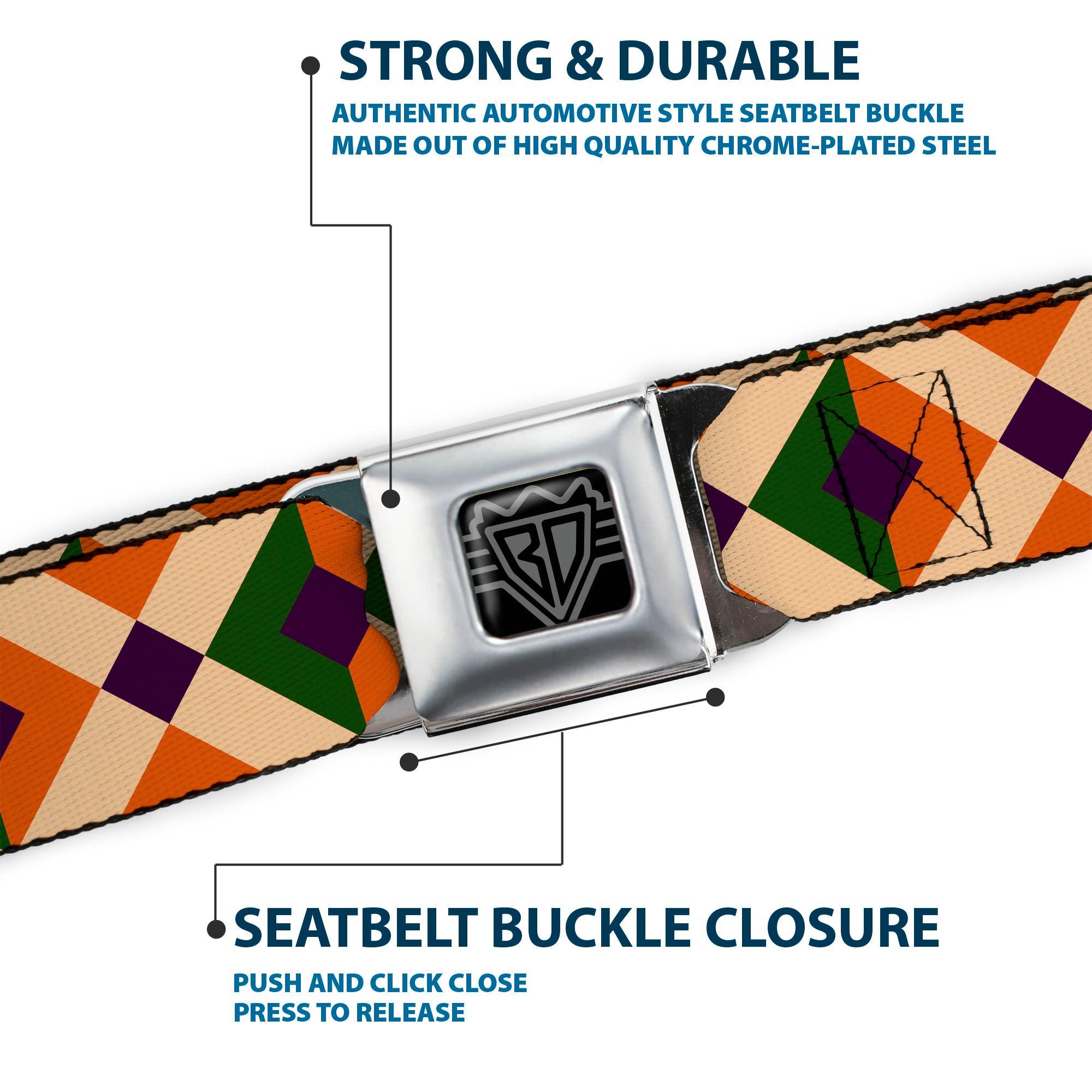 BD Wings Logo CLOSE-UP Full Color Black Silver Seatbelt Belt - Aztec16 Oranges/Green/Purple Webbing Seatbelt Belts Buckle-Down