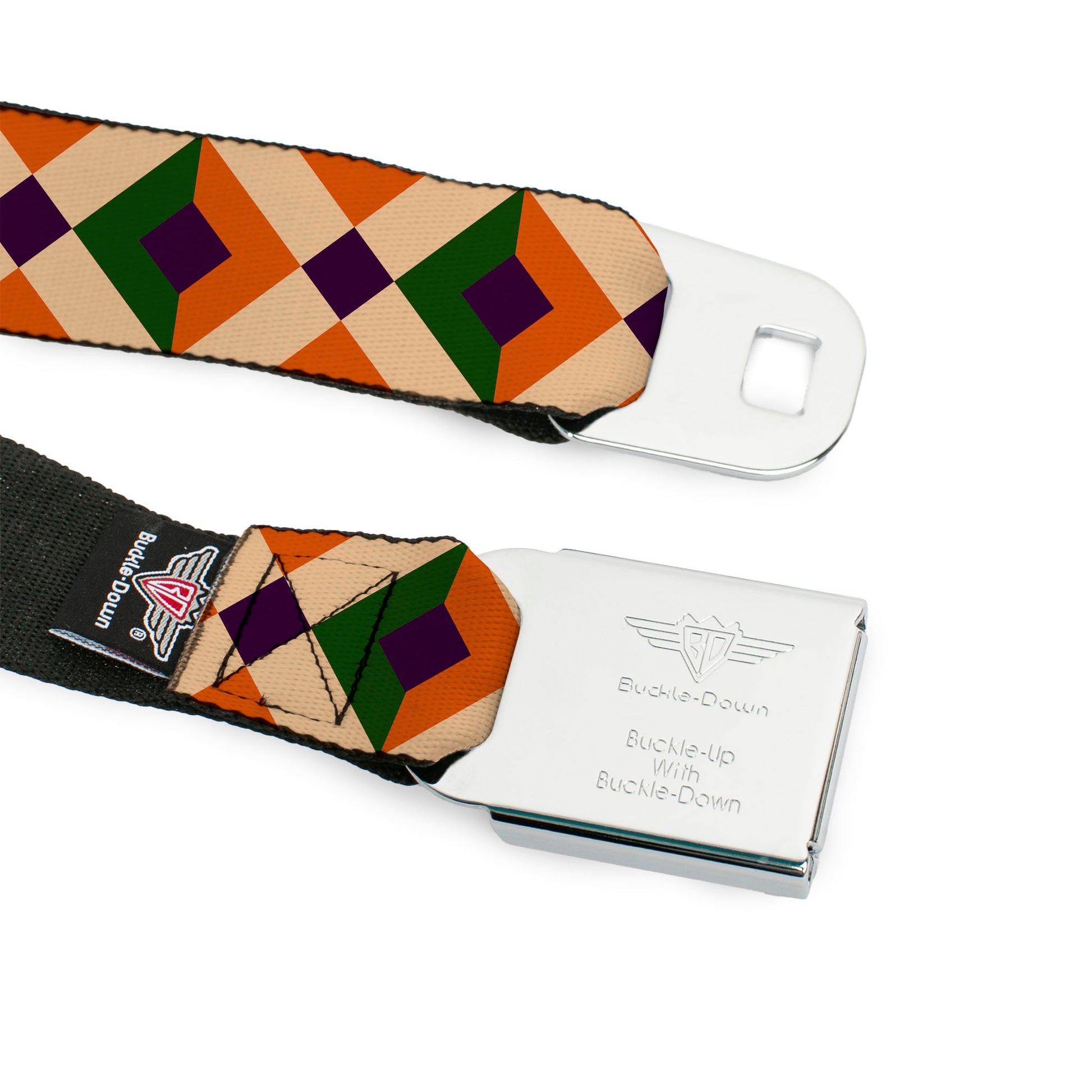 BD Wings Logo CLOSE-UP Full Color Black Silver Seatbelt Belt - Aztec16 Oranges/Green/Purple Webbing Seatbelt Belts Buckle-Down
