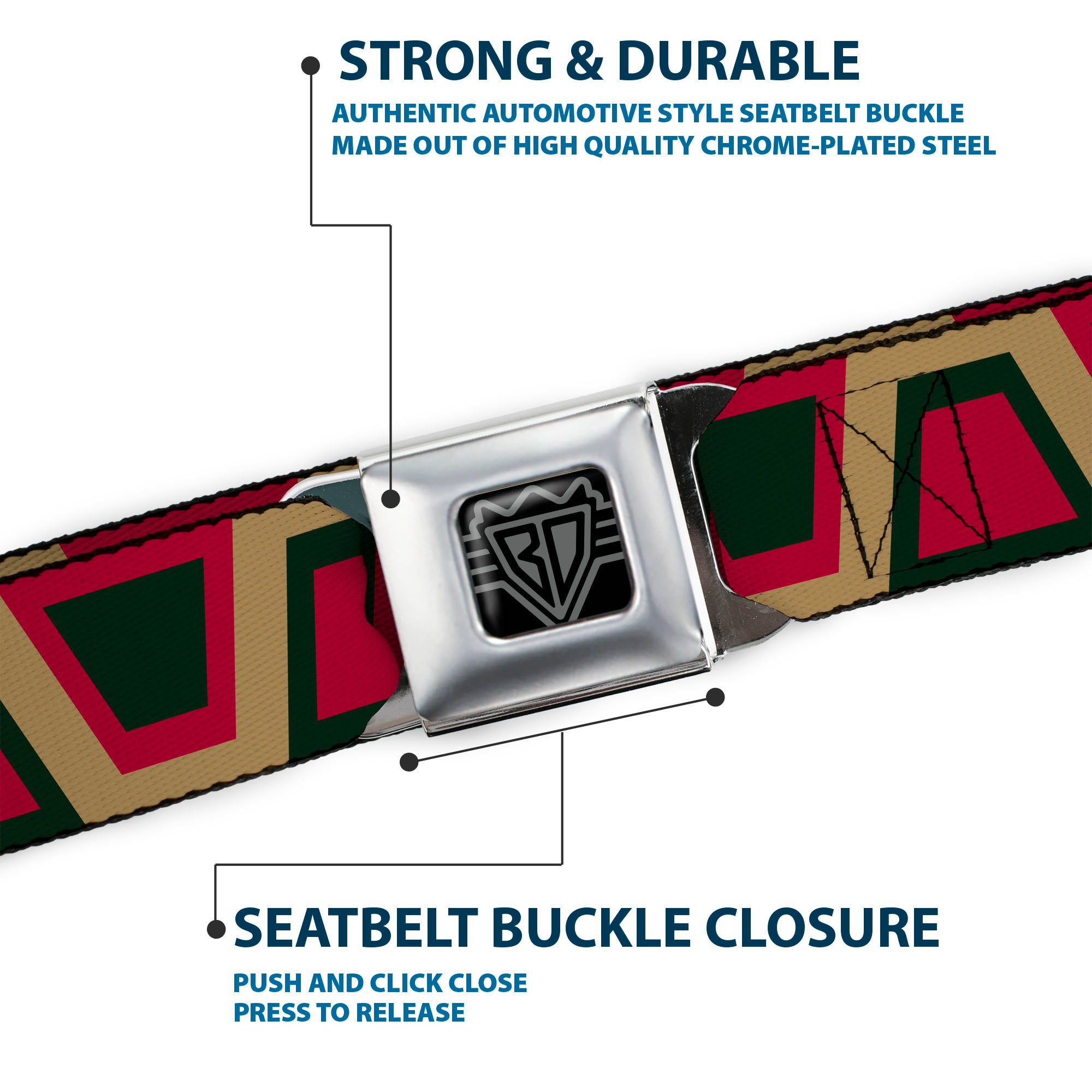 BD Wings Logo CLOSE-UP Full Color Black Silver Seatbelt Belt - Aztec17 Tan/Red/Black Webbing Seatbelt Belts Buckle-Down