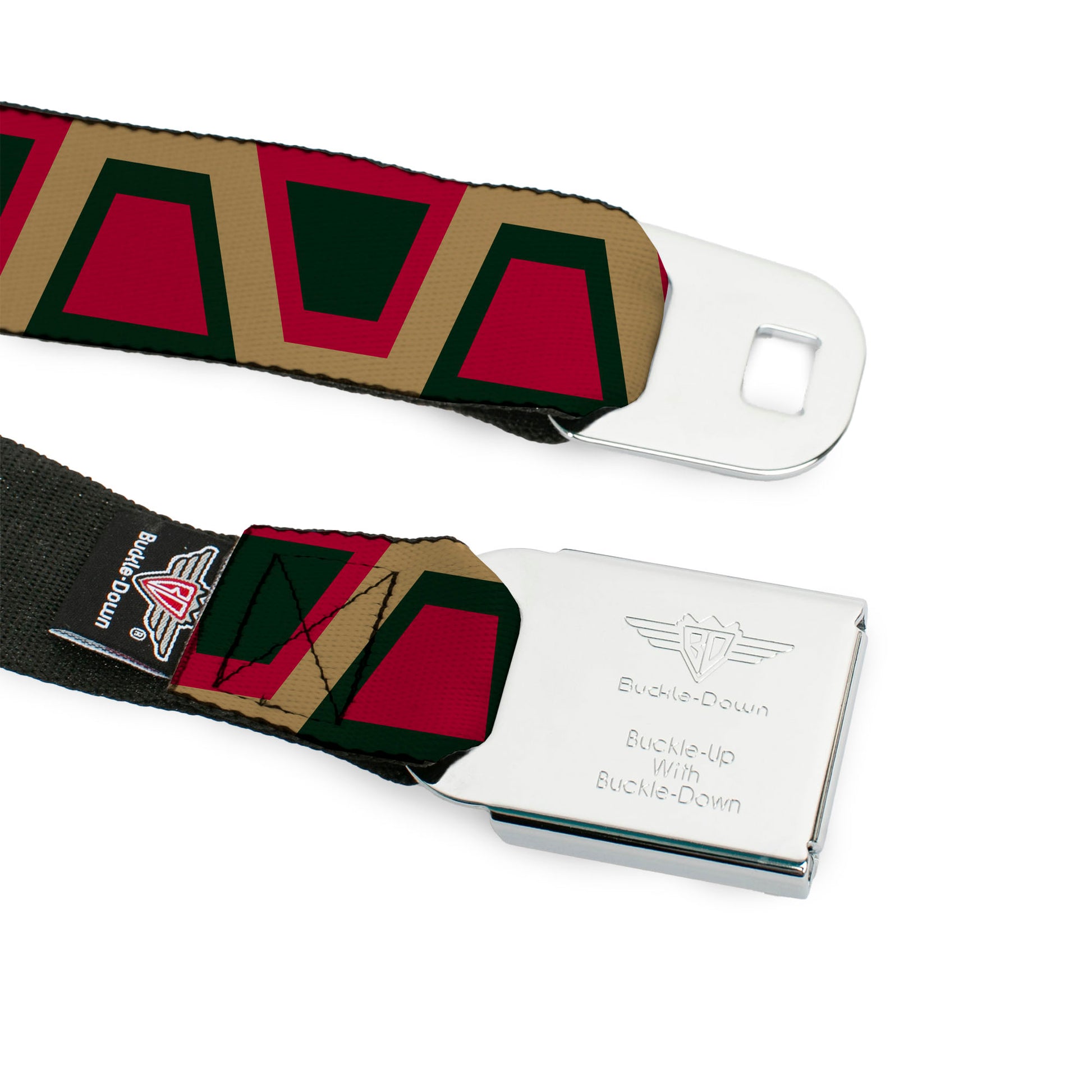 BD Wings Logo CLOSE-UP Full Color Black Silver Seatbelt Belt - Aztec17 Tan/Red/Black Webbing Seatbelt Belts Buckle-Down