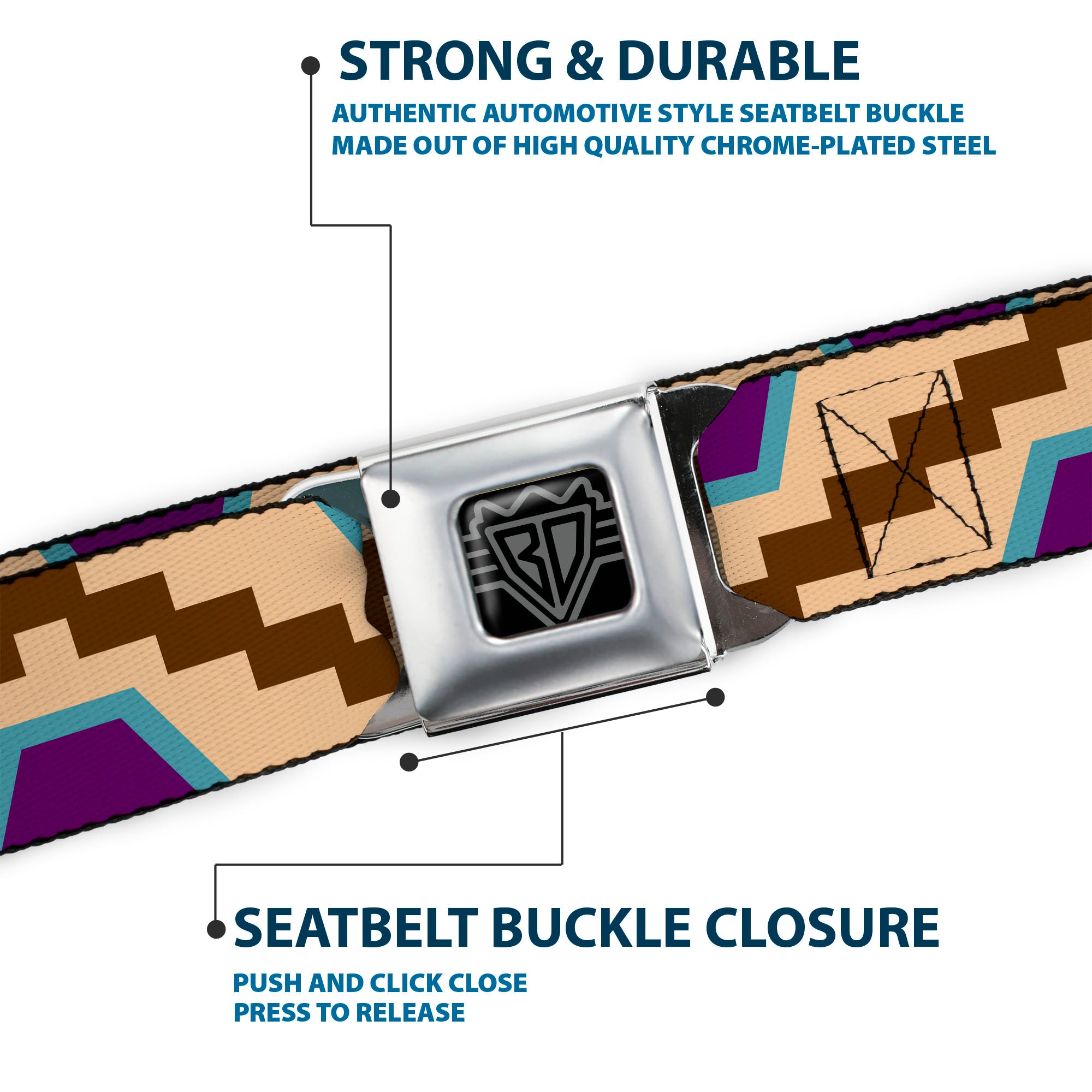 BD Wings Logo CLOSE-UP Full Color Black Silver Seatbelt Belt - Aztec18 Tan/Brown/Turquoise/Purple Webbing Seatbelt Belts Buckle-Down