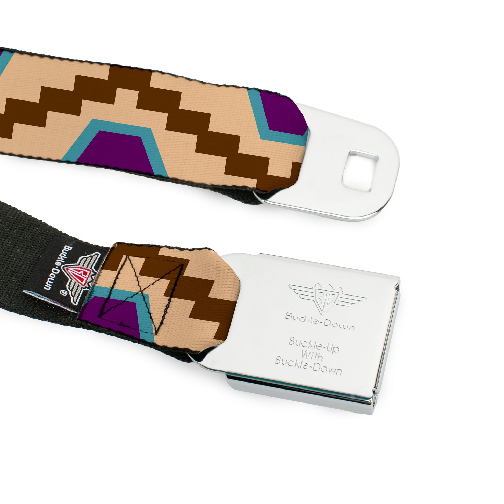 BD Wings Logo CLOSE-UP Full Color Black Silver Seatbelt Belt - Aztec18 Tan/Brown/Turquoise/Purple Webbing Seatbelt Belts Buckle-Down