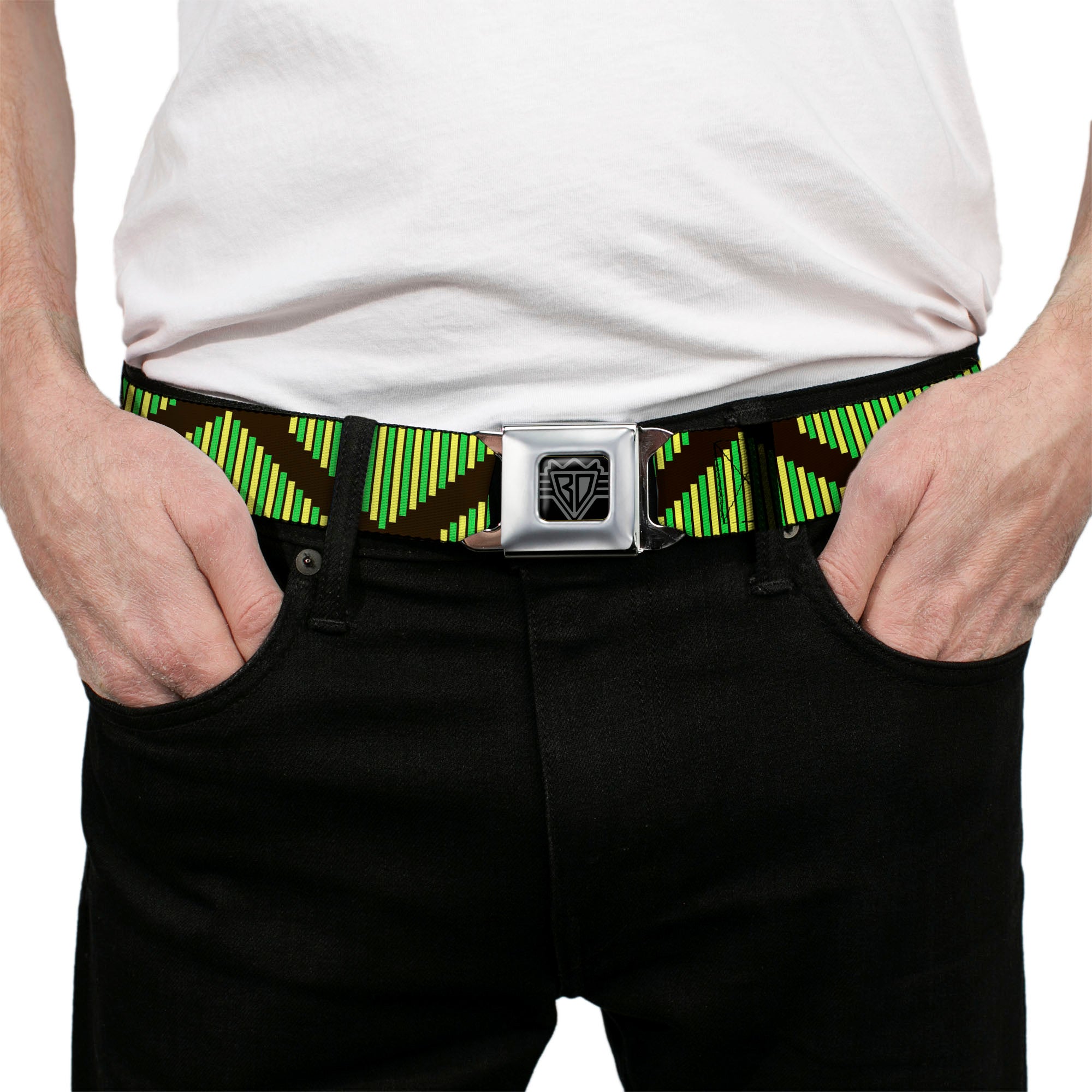 BD Wings Logo CLOSE-UP Full Color Black Silver Seatbelt Belt - Aztec19 Black/Green/Yellow Webbing Seatbelt Belts Buckle-Down