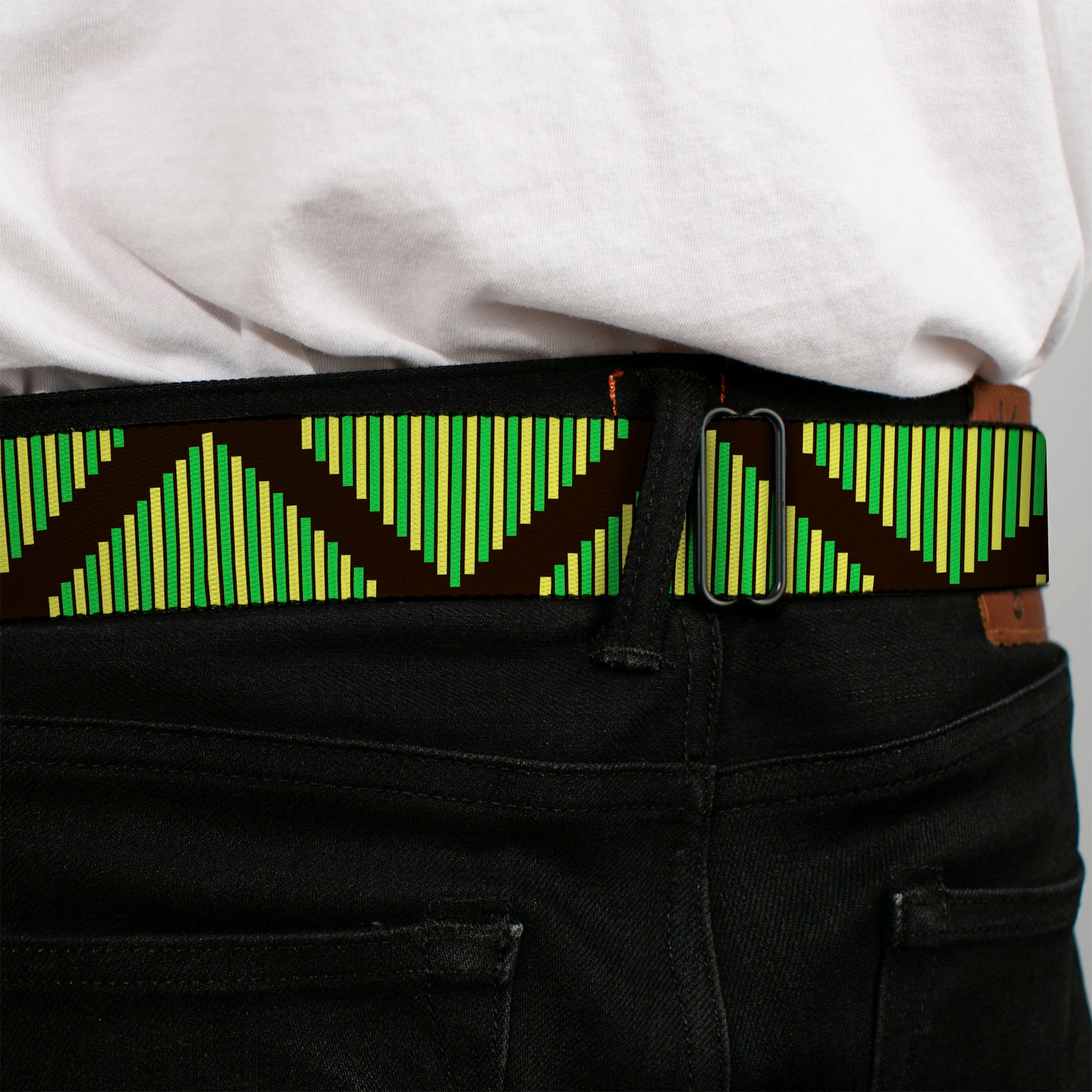 BD Wings Logo CLOSE-UP Full Color Black Silver Seatbelt Belt - Aztec19 Black/Green/Yellow Webbing Seatbelt Belts Buckle-Down