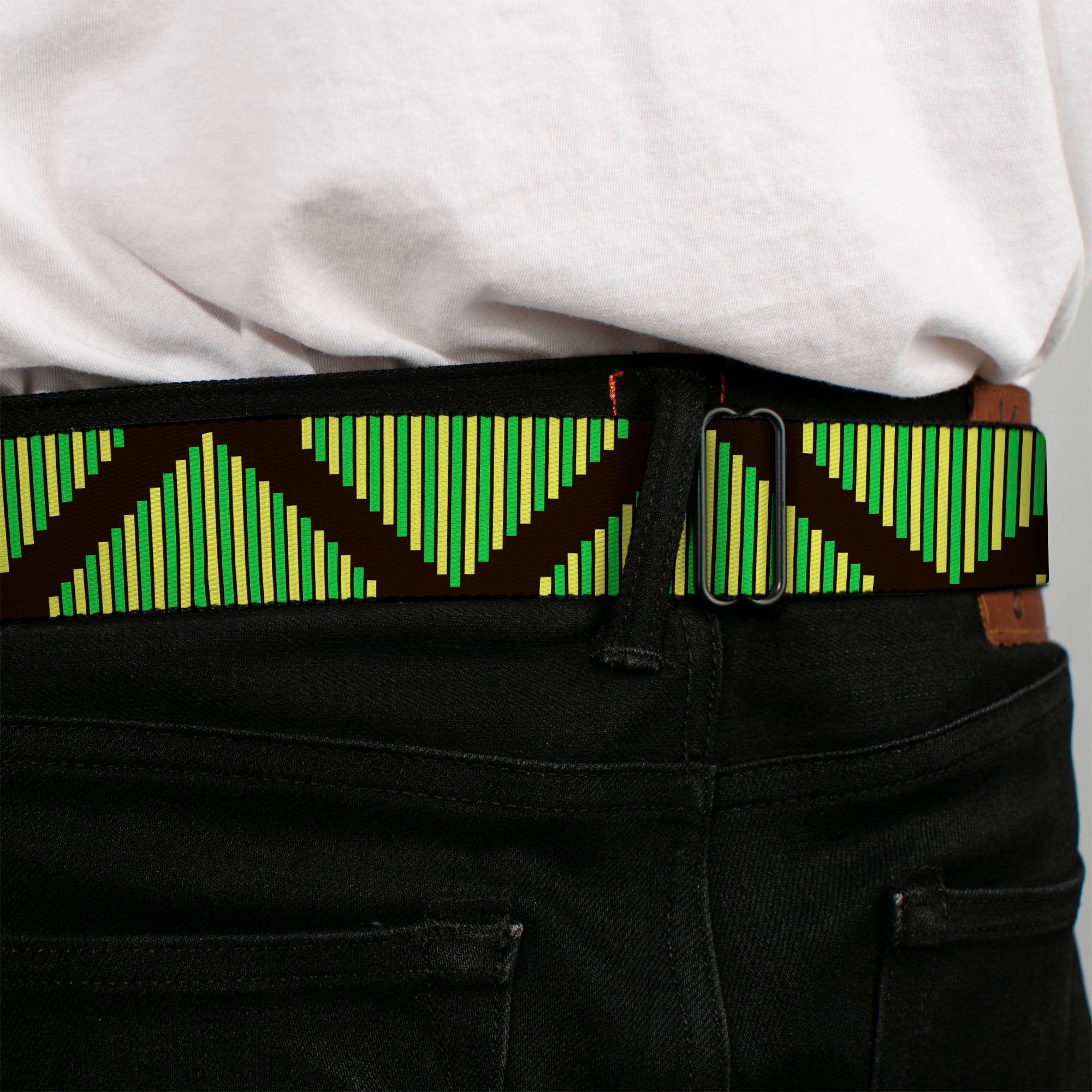 BD Wings Logo CLOSE-UP Full Color Black Silver Seatbelt Belt - Aztec19 Black/Green/Yellow Webbing Seatbelt Belts Buckle-Down