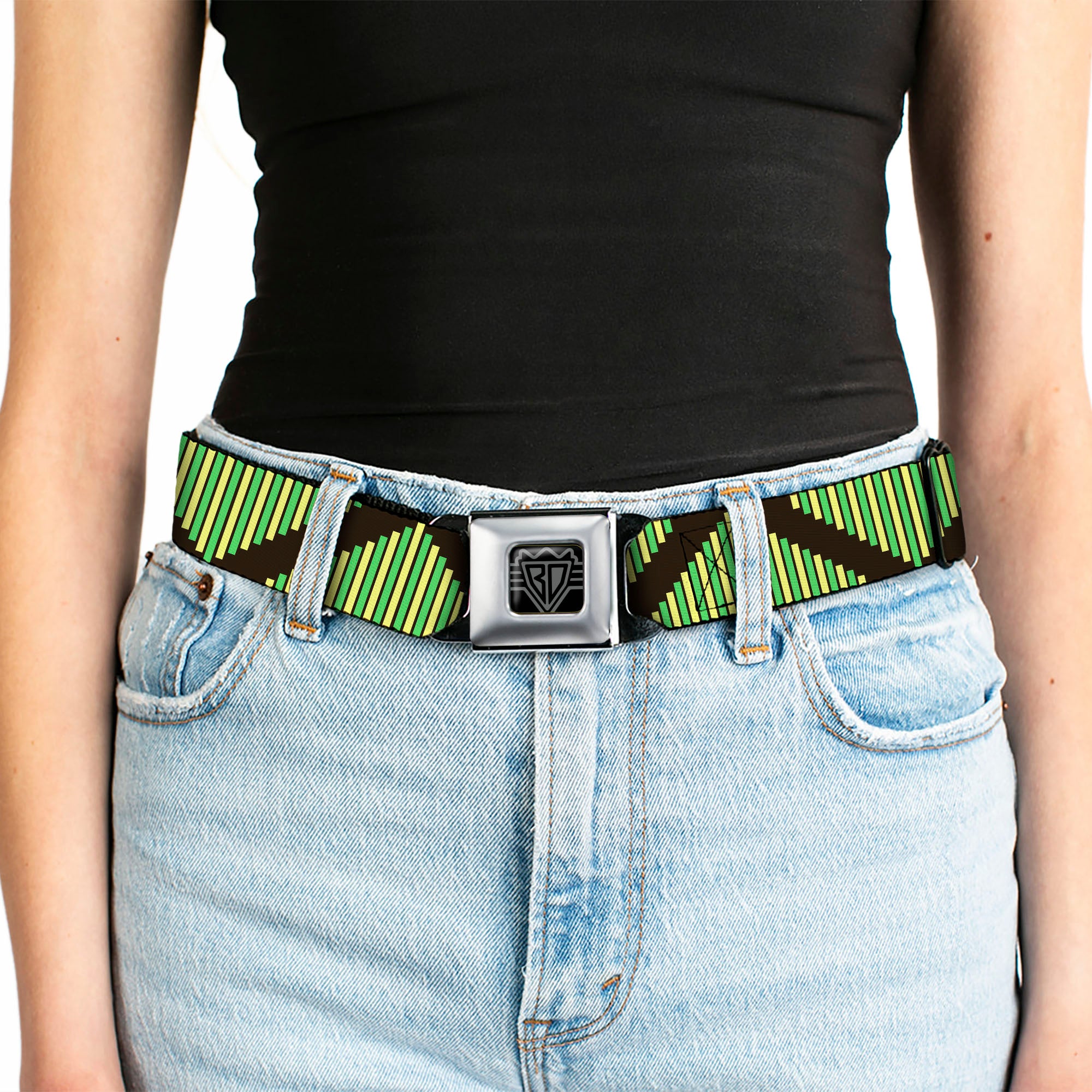 BD Wings Logo CLOSE-UP Full Color Black Silver Seatbelt Belt - Aztec19 Black/Green/Yellow Webbing Seatbelt Belts Buckle-Down