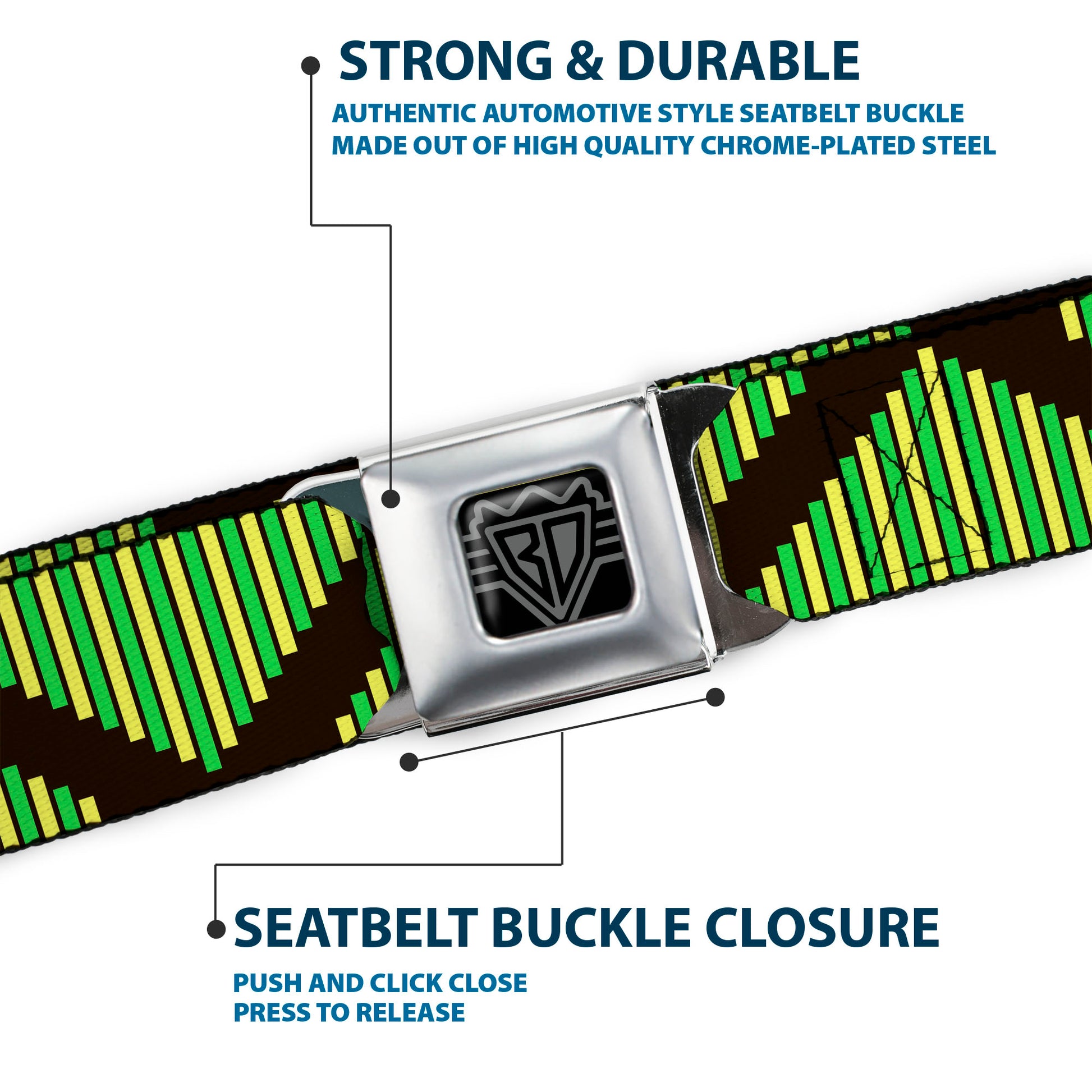 BD Wings Logo CLOSE-UP Full Color Black Silver Seatbelt Belt - Aztec19 Black/Green/Yellow Webbing Seatbelt Belts Buckle-Down