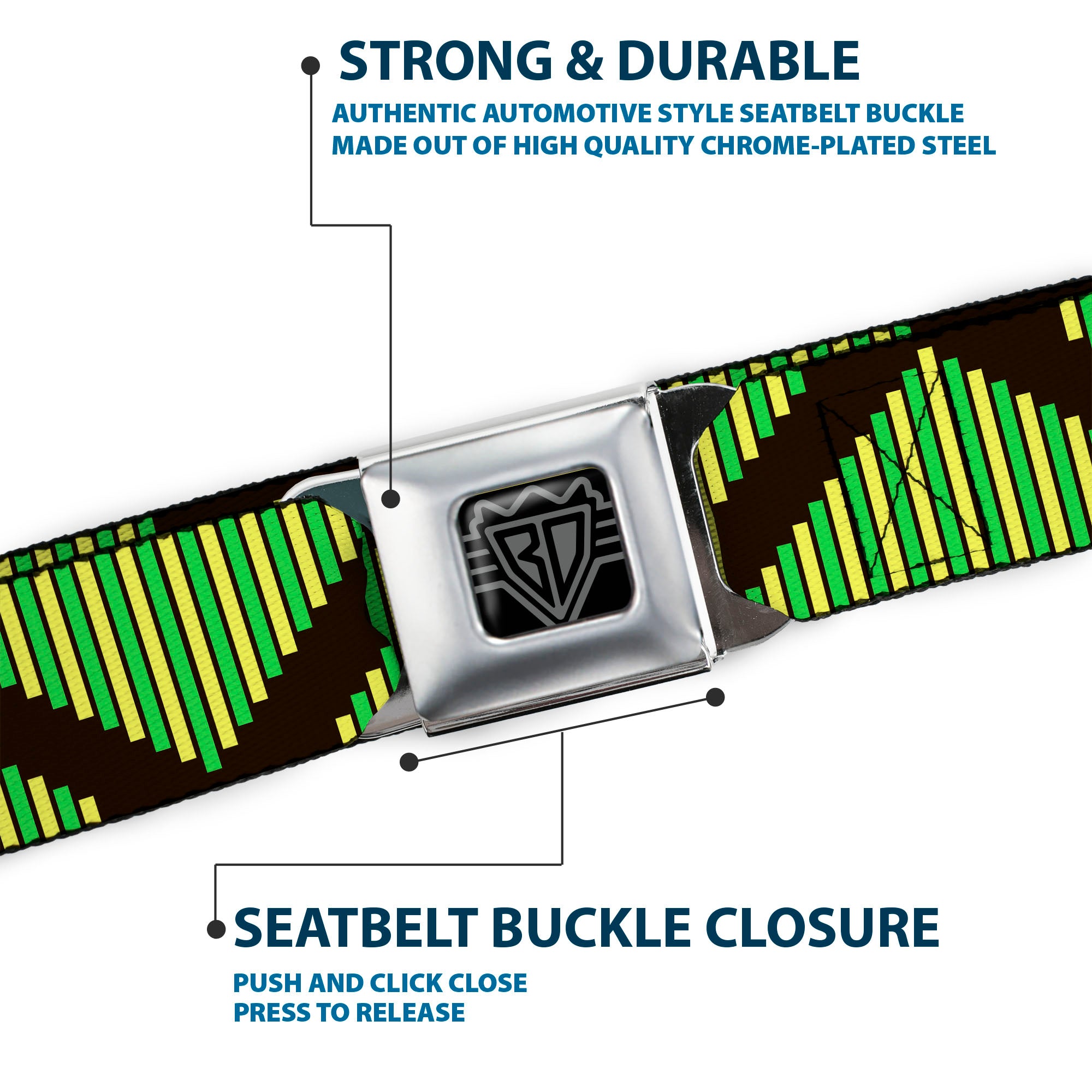BD Wings Logo CLOSE-UP Full Color Black Silver Seatbelt Belt - Aztec19 Black/Green/Yellow Webbing Seatbelt Belts Buckle-Down