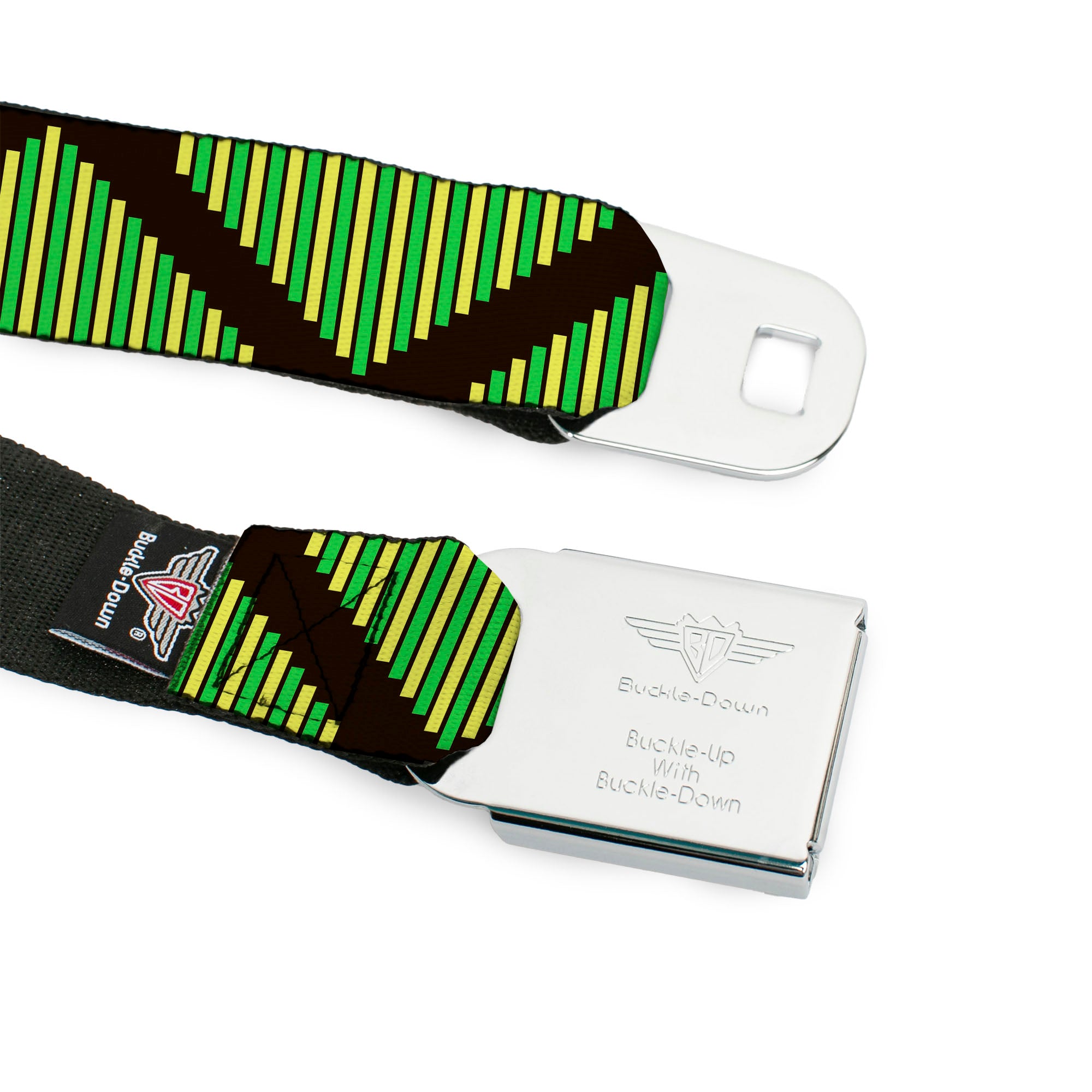 BD Wings Logo CLOSE-UP Full Color Black Silver Seatbelt Belt - Aztec19 Black/Green/Yellow Webbing Seatbelt Belts Buckle-Down