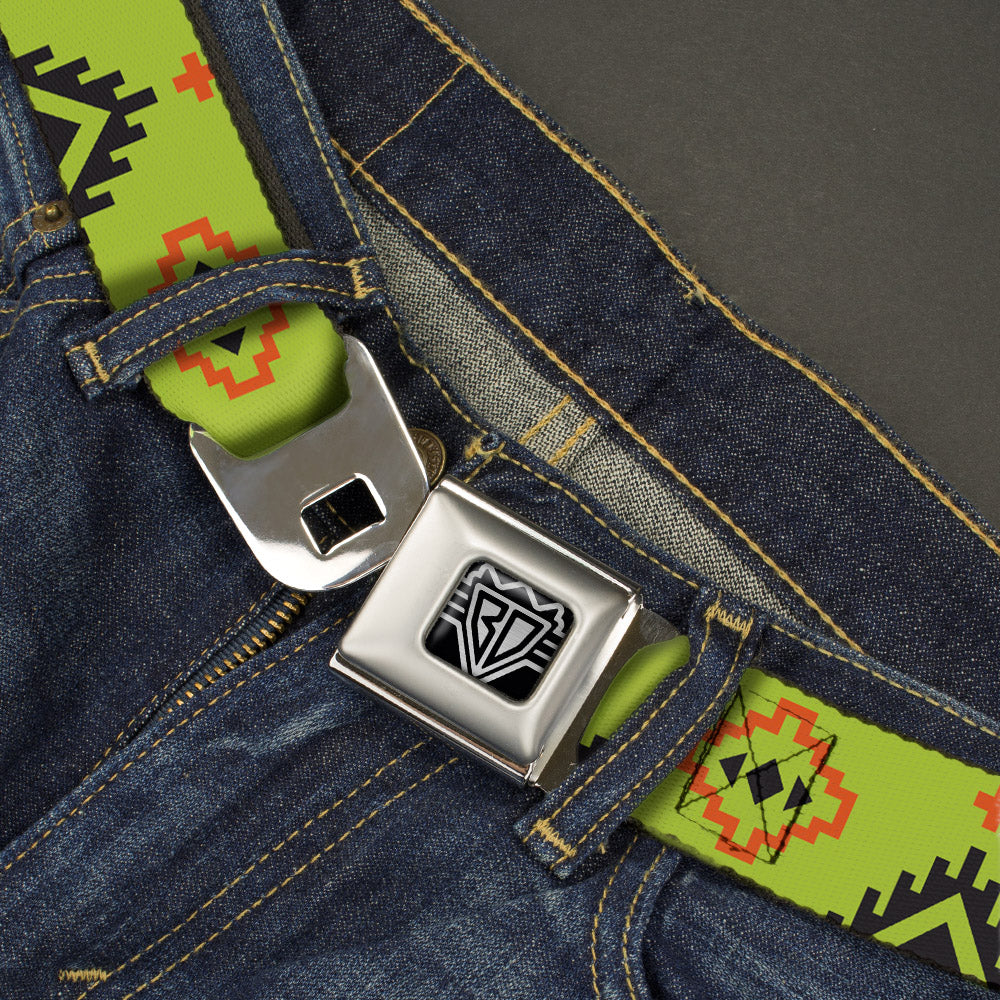 BD Wings Logo CLOSE-UP Full Color Black Silver Seatbelt Belt - Aztec20 Green/Orange/Black Webbing Seatbelt Belts Buckle-Down