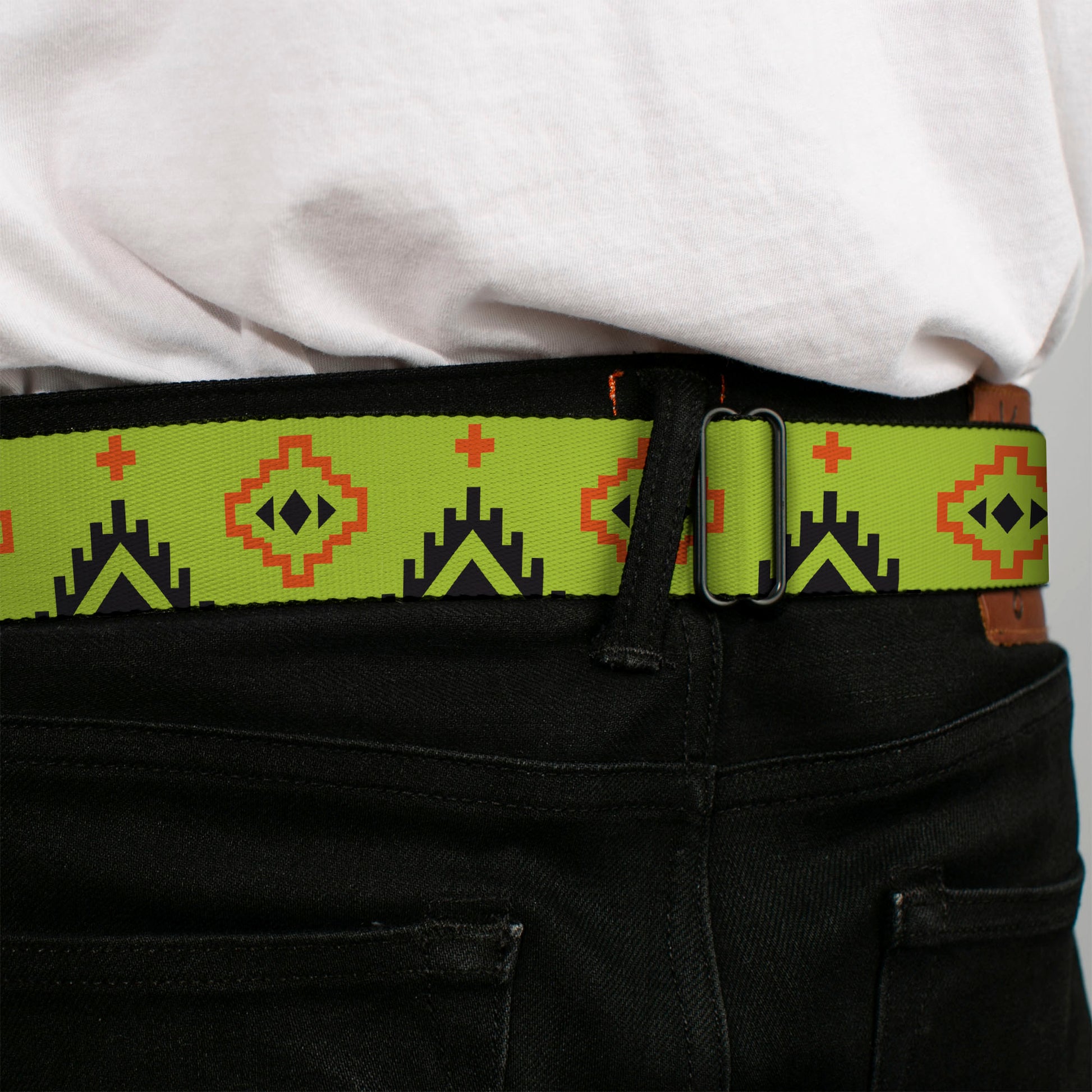 BD Wings Logo CLOSE-UP Full Color Black Silver Seatbelt Belt - Aztec20 Green/Orange/Black Webbing Seatbelt Belts Buckle-Down