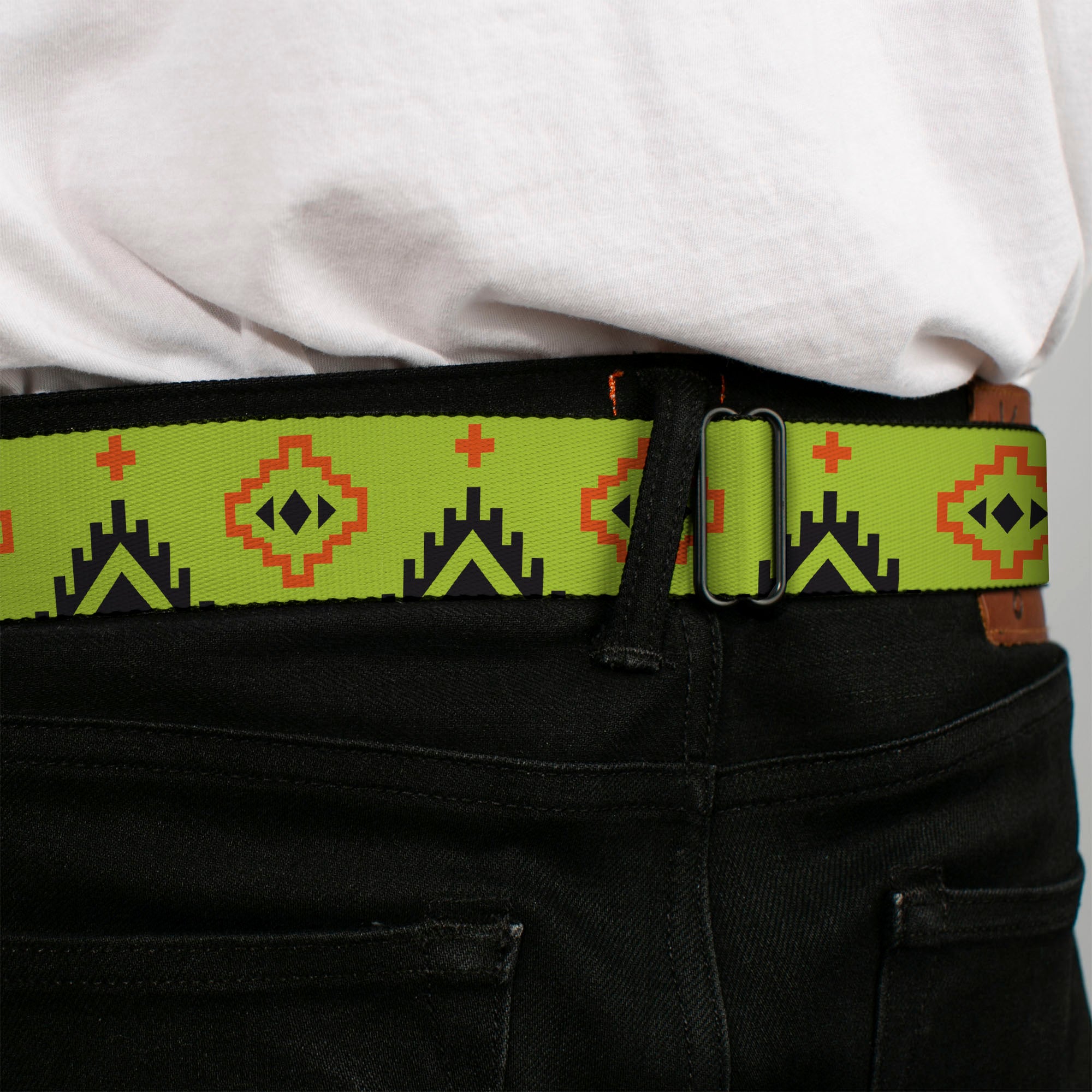 BD Wings Logo CLOSE-UP Full Color Black Silver Seatbelt Belt - Aztec20 Green/Orange/Black Webbing Seatbelt Belts Buckle-Down