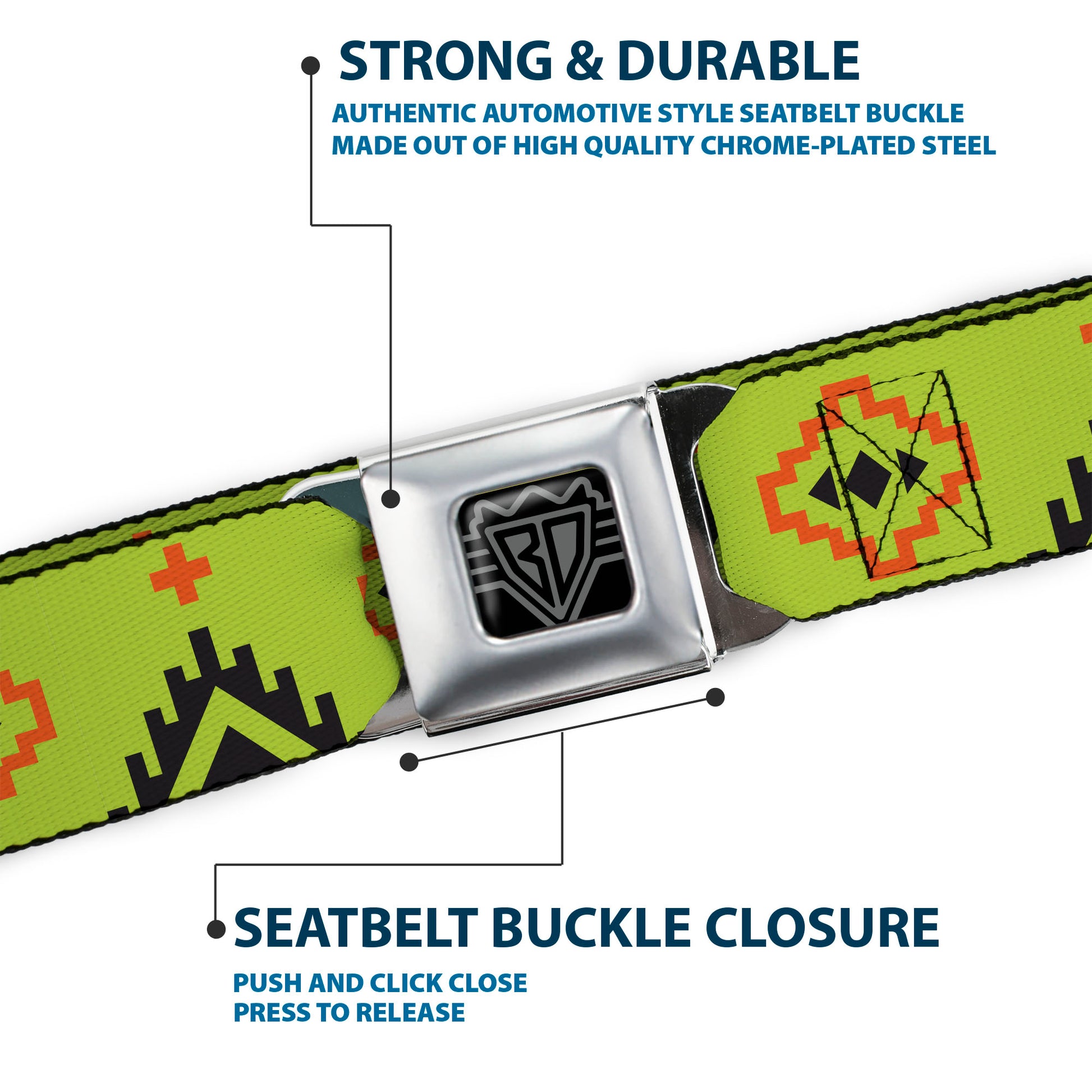 BD Wings Logo CLOSE-UP Full Color Black Silver Seatbelt Belt - Aztec20 Green/Orange/Black Webbing Seatbelt Belts Buckle-Down