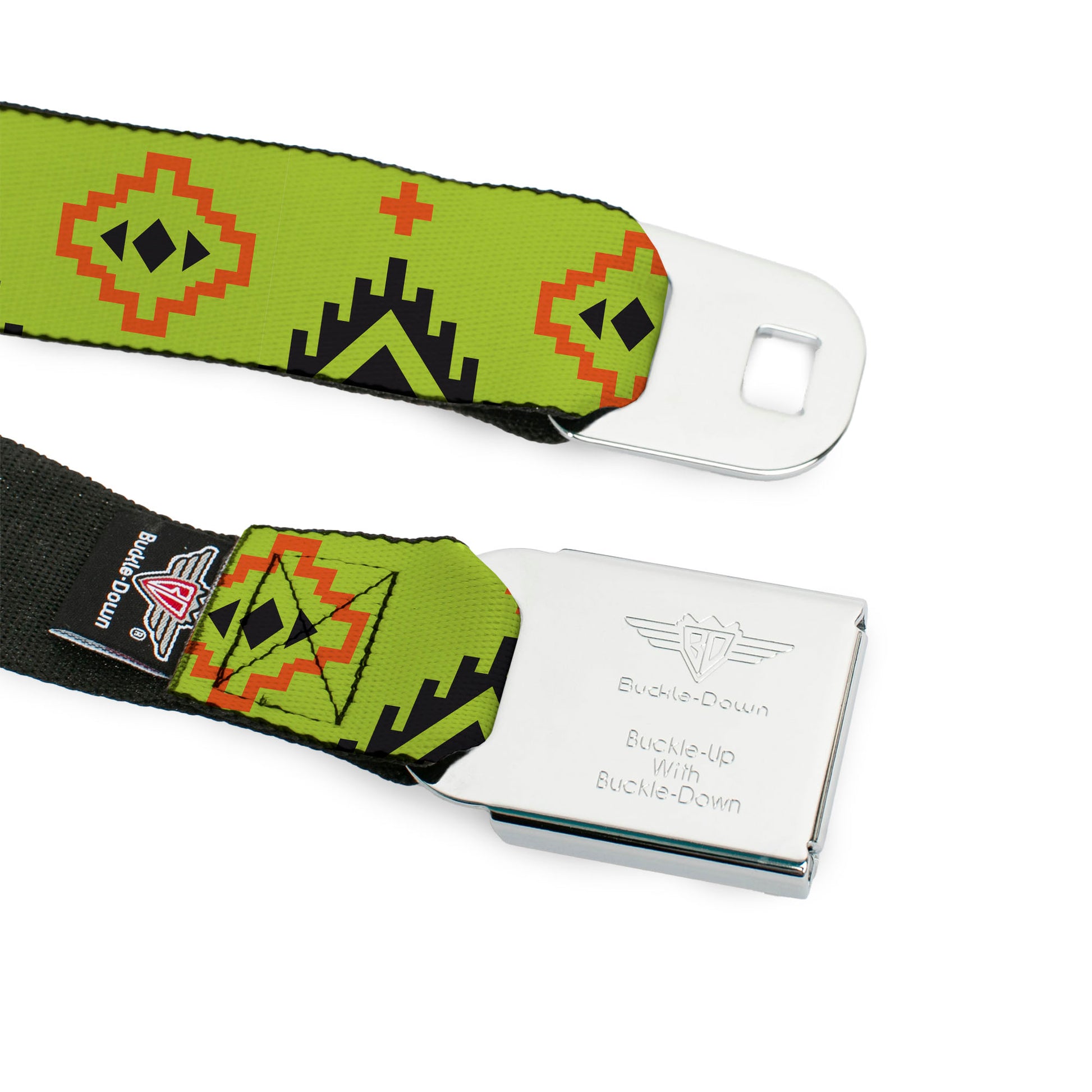 BD Wings Logo CLOSE-UP Full Color Black Silver Seatbelt Belt - Aztec20 Green/Orange/Black Webbing Seatbelt Belts Buckle-Down