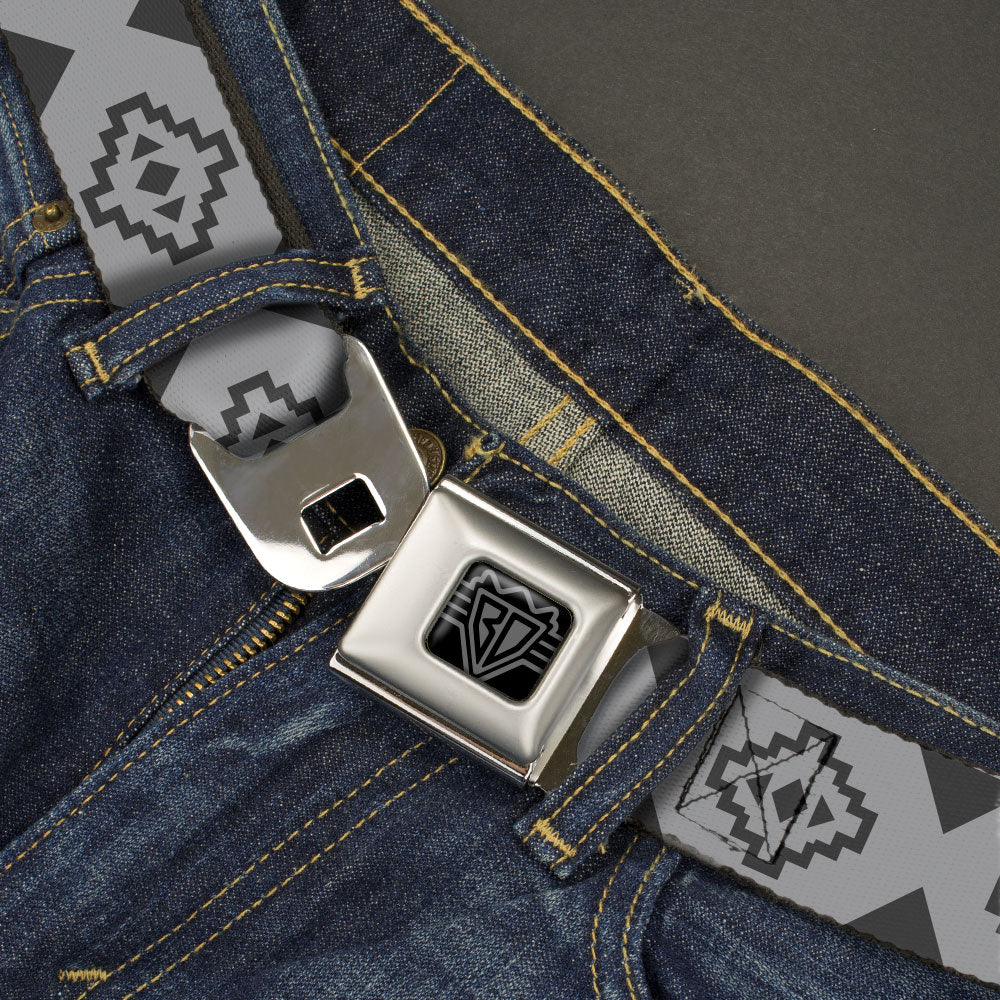 BD Wings Logo CLOSE-UP Black/Silver Seatbelt Belt - Aztec21 Tonal Grays Webbing Seatbelt Belts Buckle-Down
